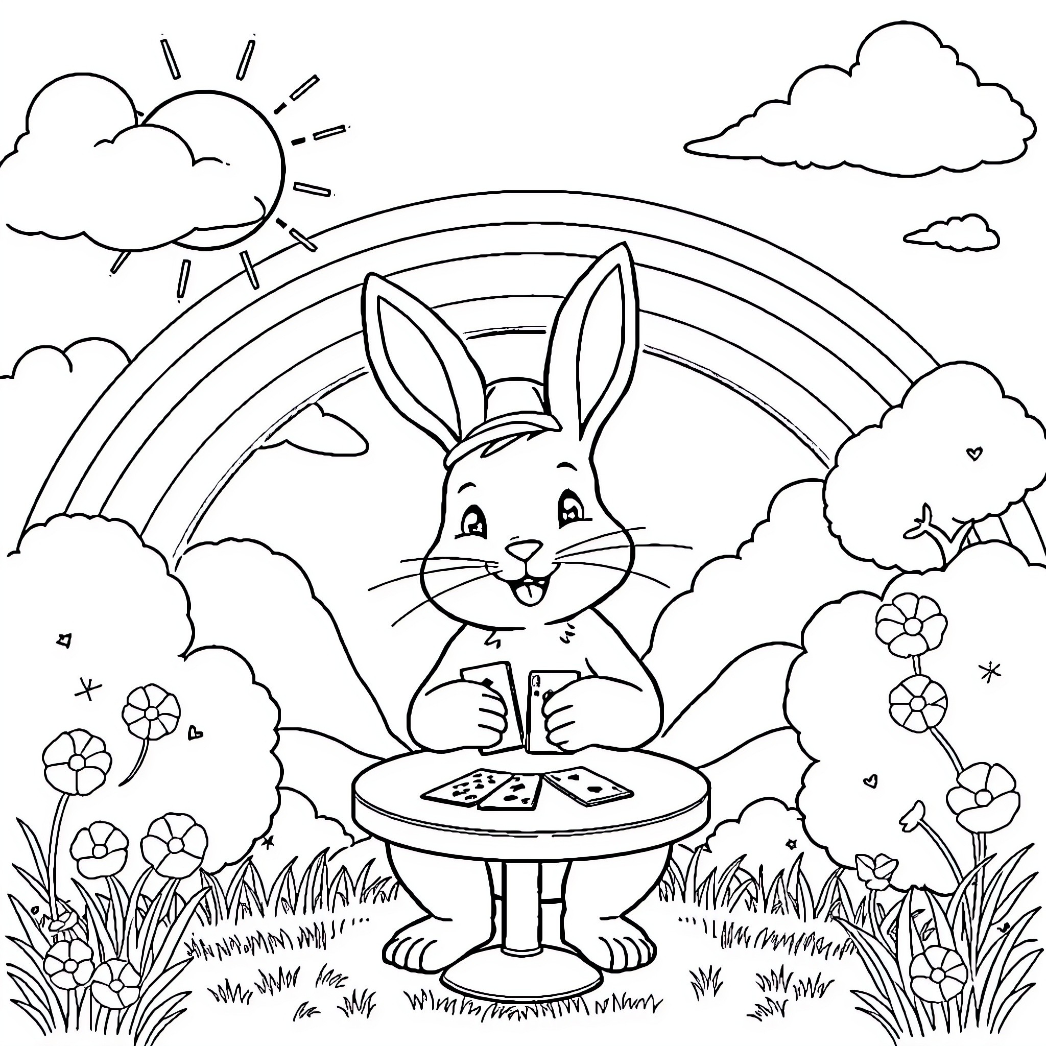 Rabbit Enjoying Picnic in Sunny Meadow Coloring Page (free black-and-white line drawing printable PDF for all, from beginners to advanced learners, including children, teens, adults, and seniors)