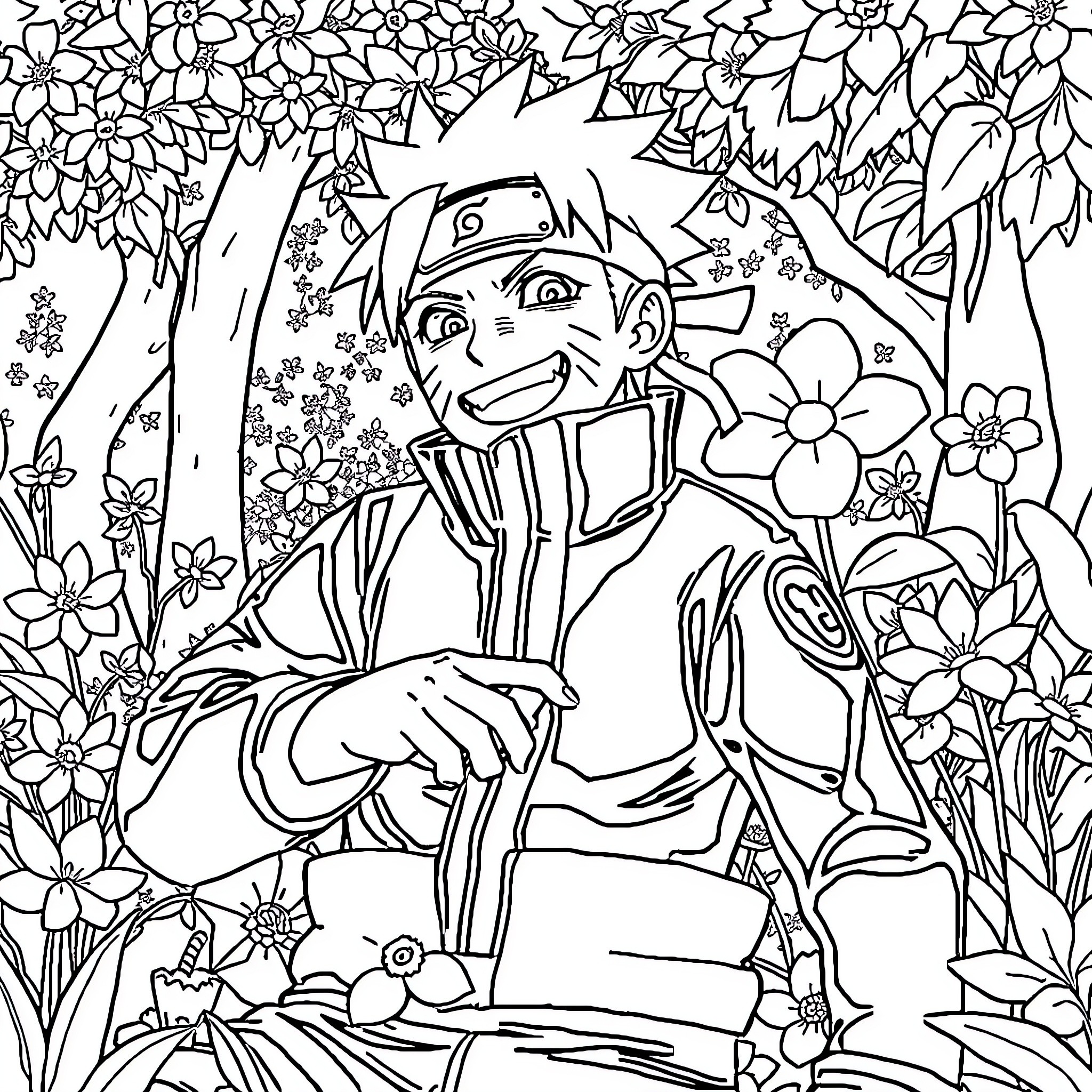 Naruto Exploring Floral Wonderland Coloring Page (free black-and-white line drawing printable PDF for all, from beginners to advanced learners, including children, teens, adults, and seniors)