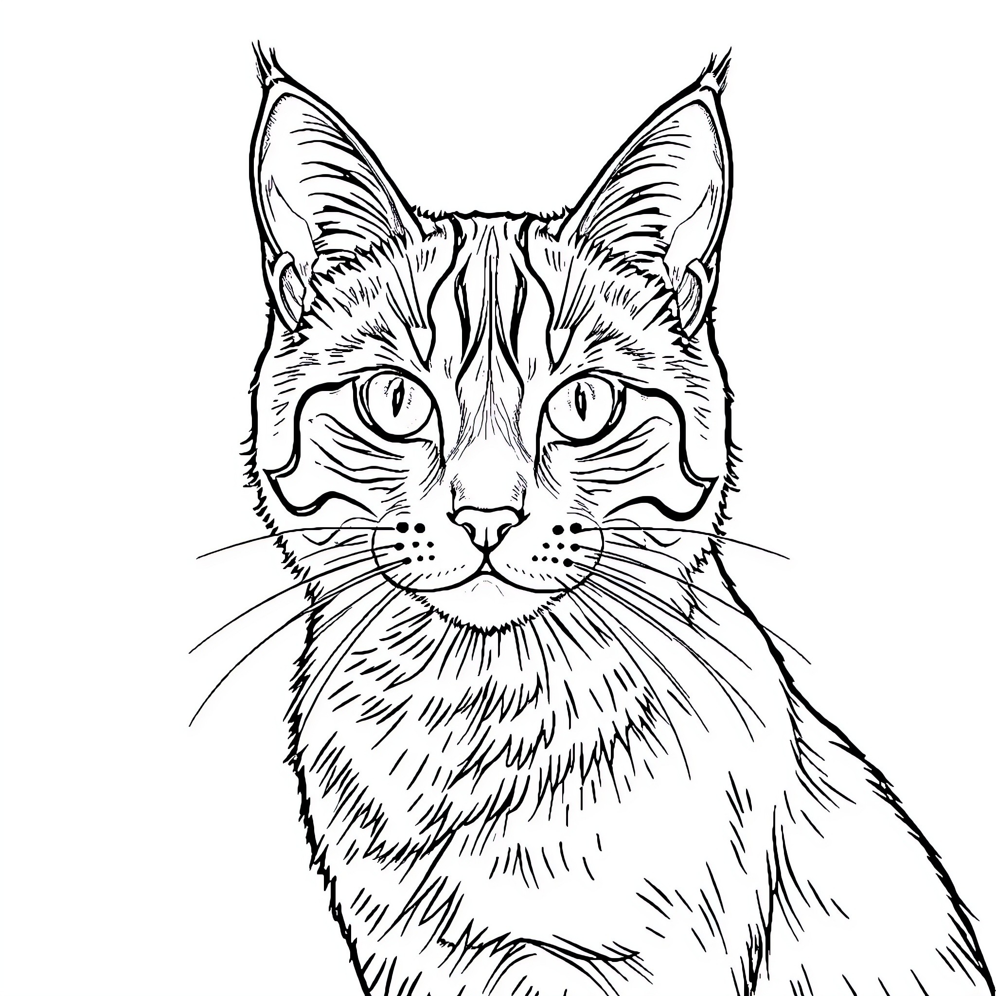 Russian Cat Staring Intently Coloring Page (free black-and-white line drawing printable PDF for all, from beginners to advanced learners, including children, teens, adults, and seniors)