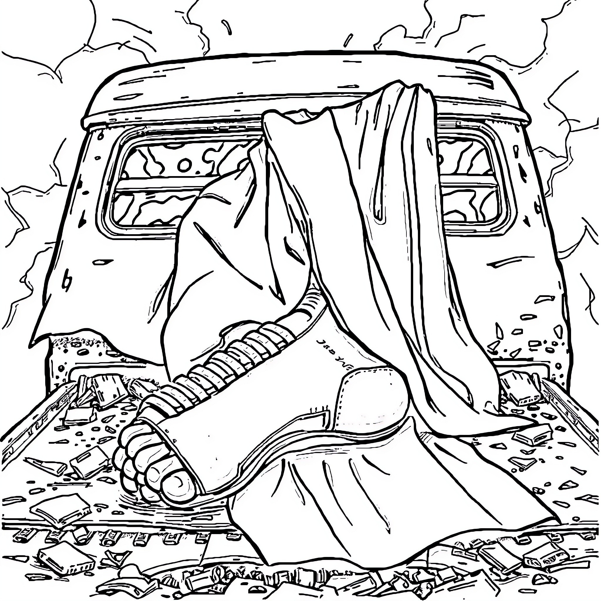 Kneecap crushed by vehicle wreckage Coloring Page (free black-and-white line drawing printable PDF for all, from beginners to advanced learners, including children, teens, adults, and seniors)