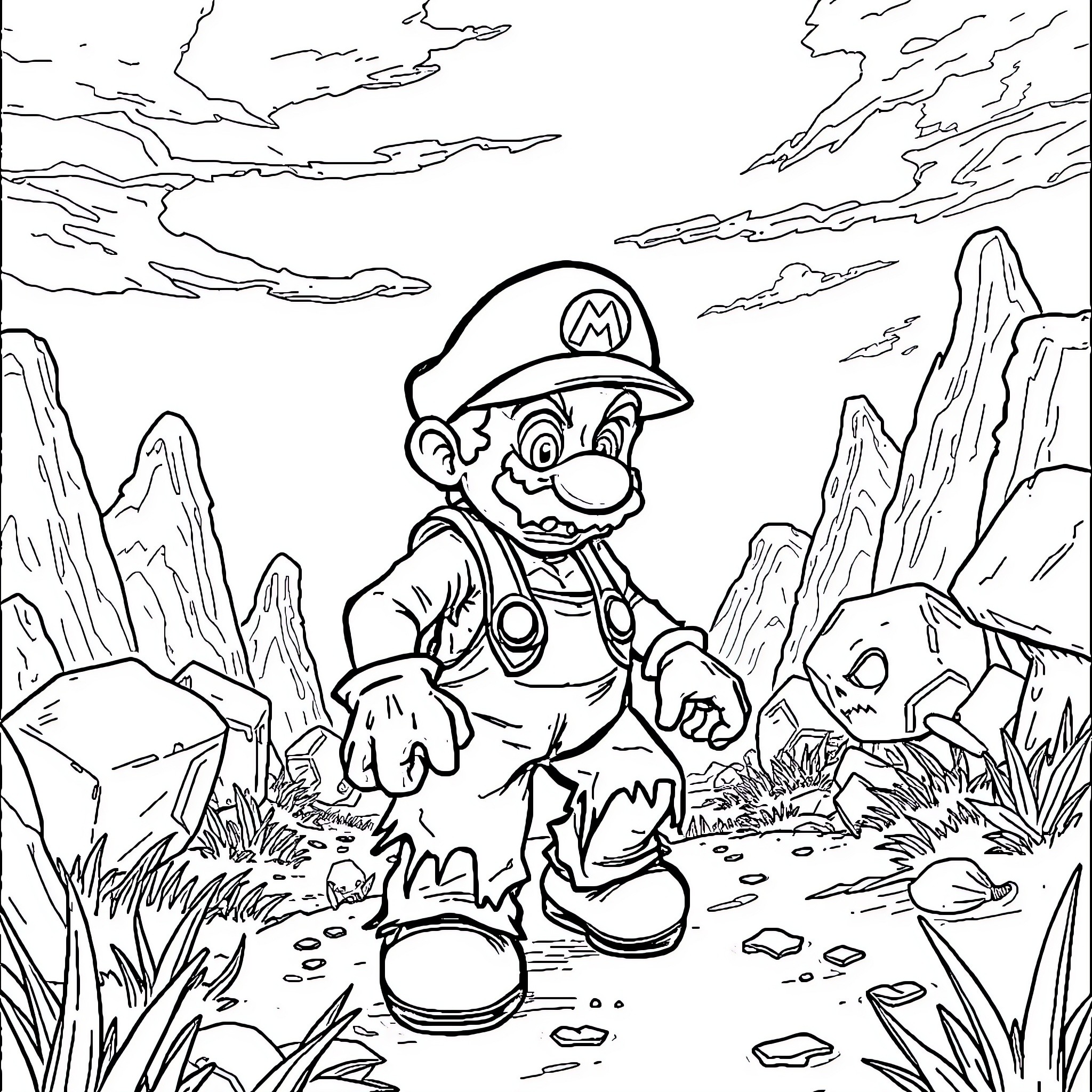 Zombie Mario explores the eerie landscape Coloring Page (free black-and-white line drawing printable PDF for all, from beginners to advanced learners, including children, teens, adults, and seniors)