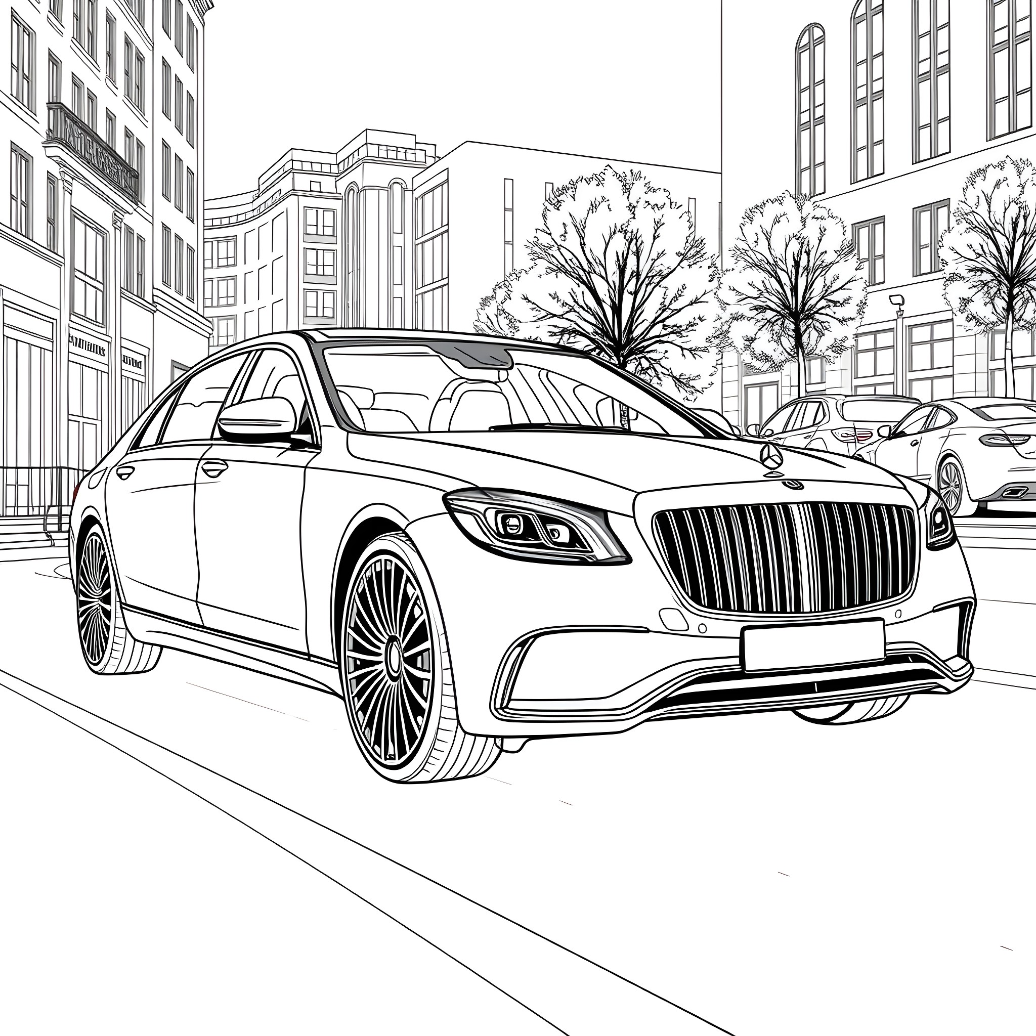 Mercedes luxury car in urban city environment Coloring Page (free black-and-white line drawing printable PDF for all, from beginners to advanced learners, including children, teens, adults, and seniors)