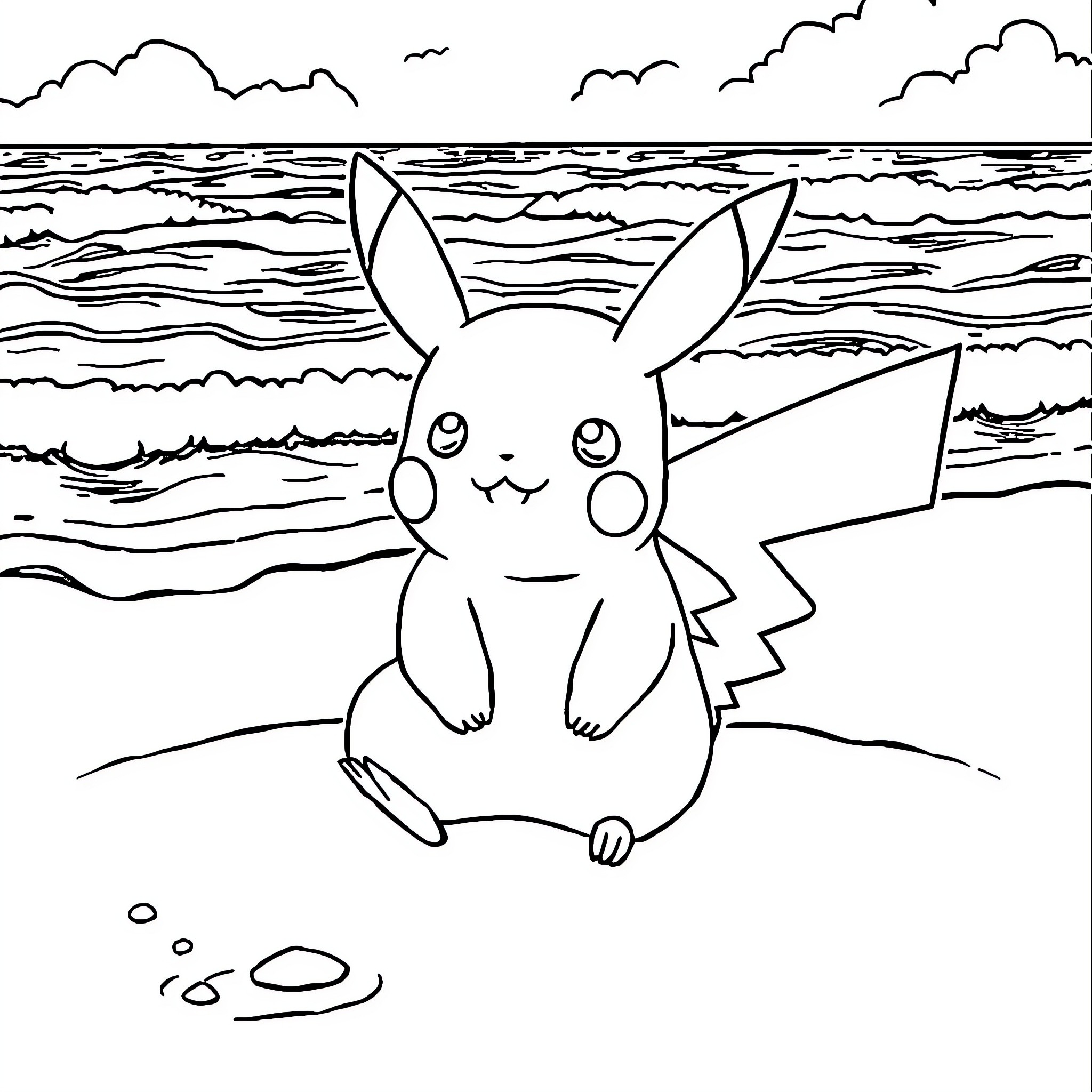 Pikachu enjoying a day at the beach Coloring Page (free black-and-white line drawing printable PDF for all, from beginners to advanced learners, including children, teens, adults, and seniors)