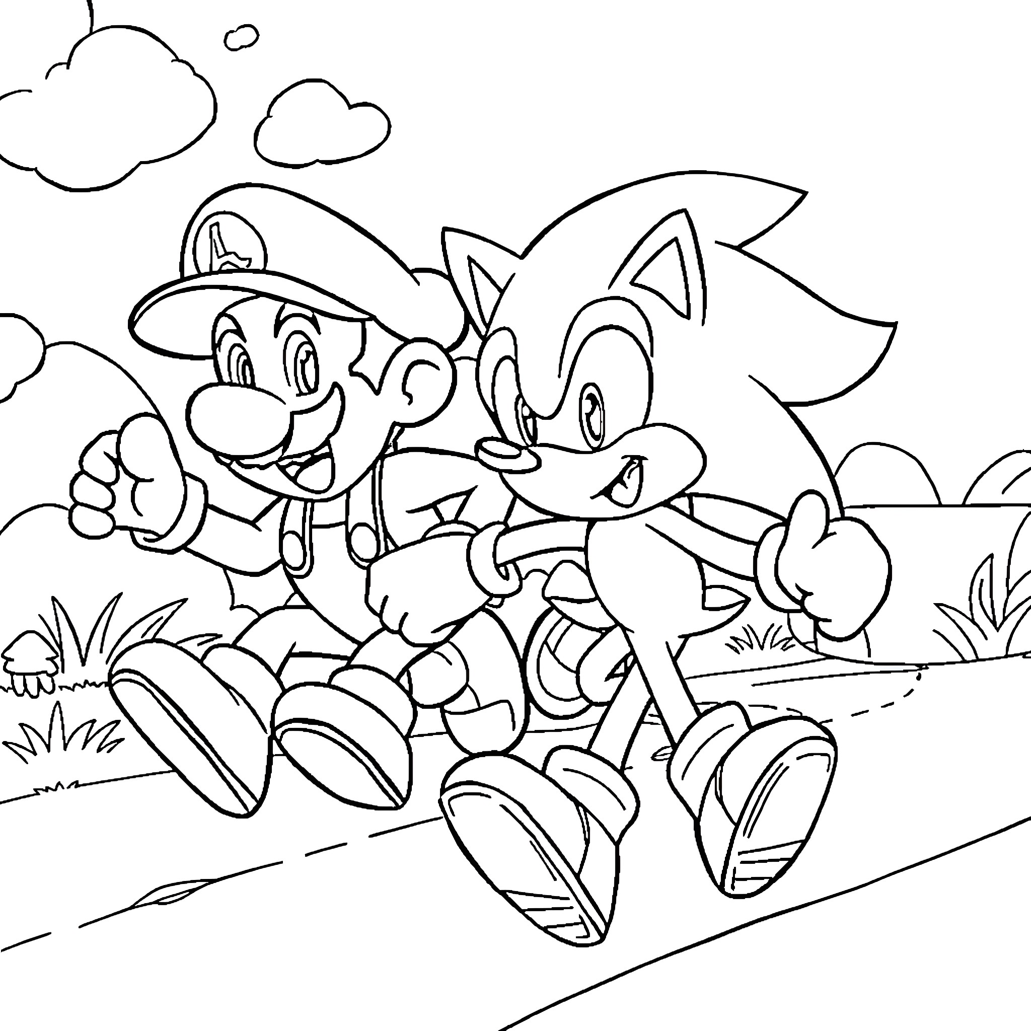 Sonic and friends running through the countryside Coloring Page (free black-and-white line drawing printable PDF for all, from beginners to advanced learners, including children, teens, adults, and seniors)