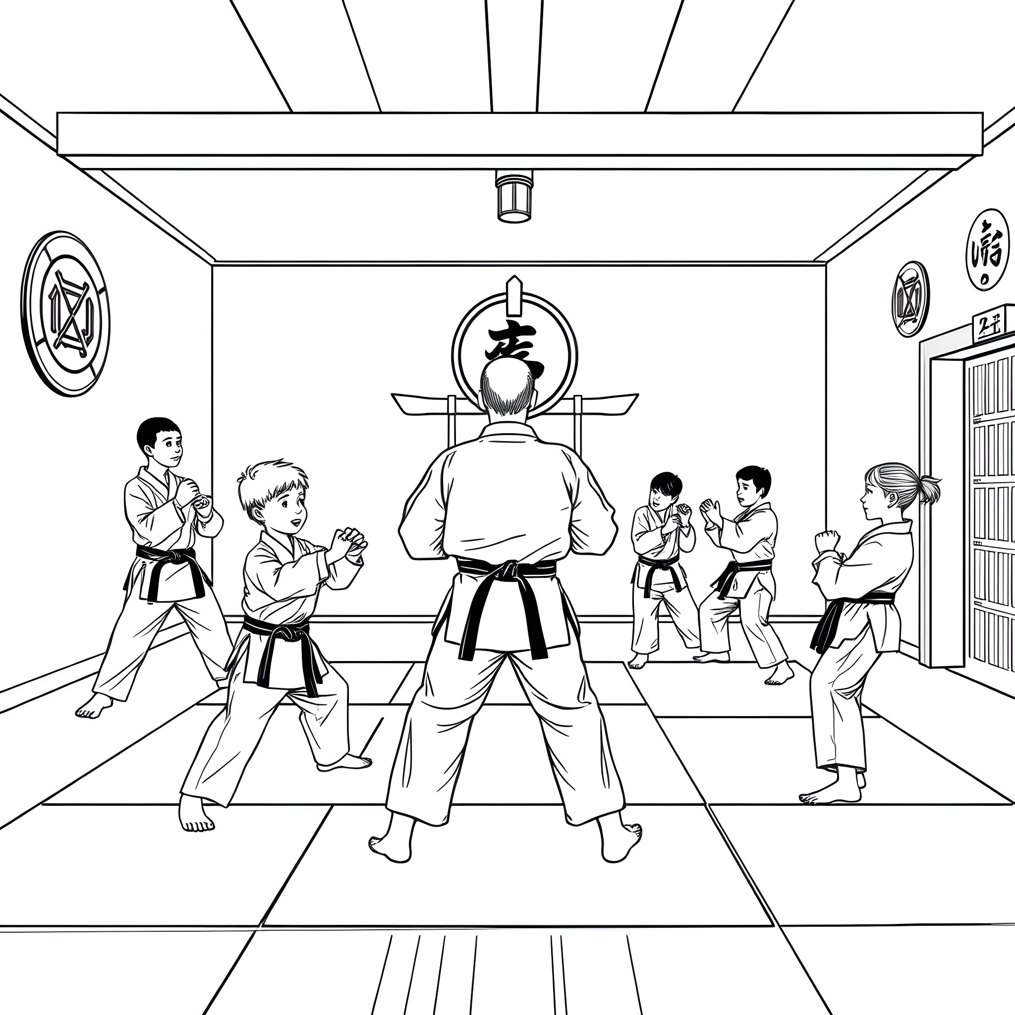 Karate Students Training Diligently in Dojo Coloring Page (free black-and-white line drawing printable PDF for all, from beginners to advanced learners, including children, teens, adults, and seniors)
