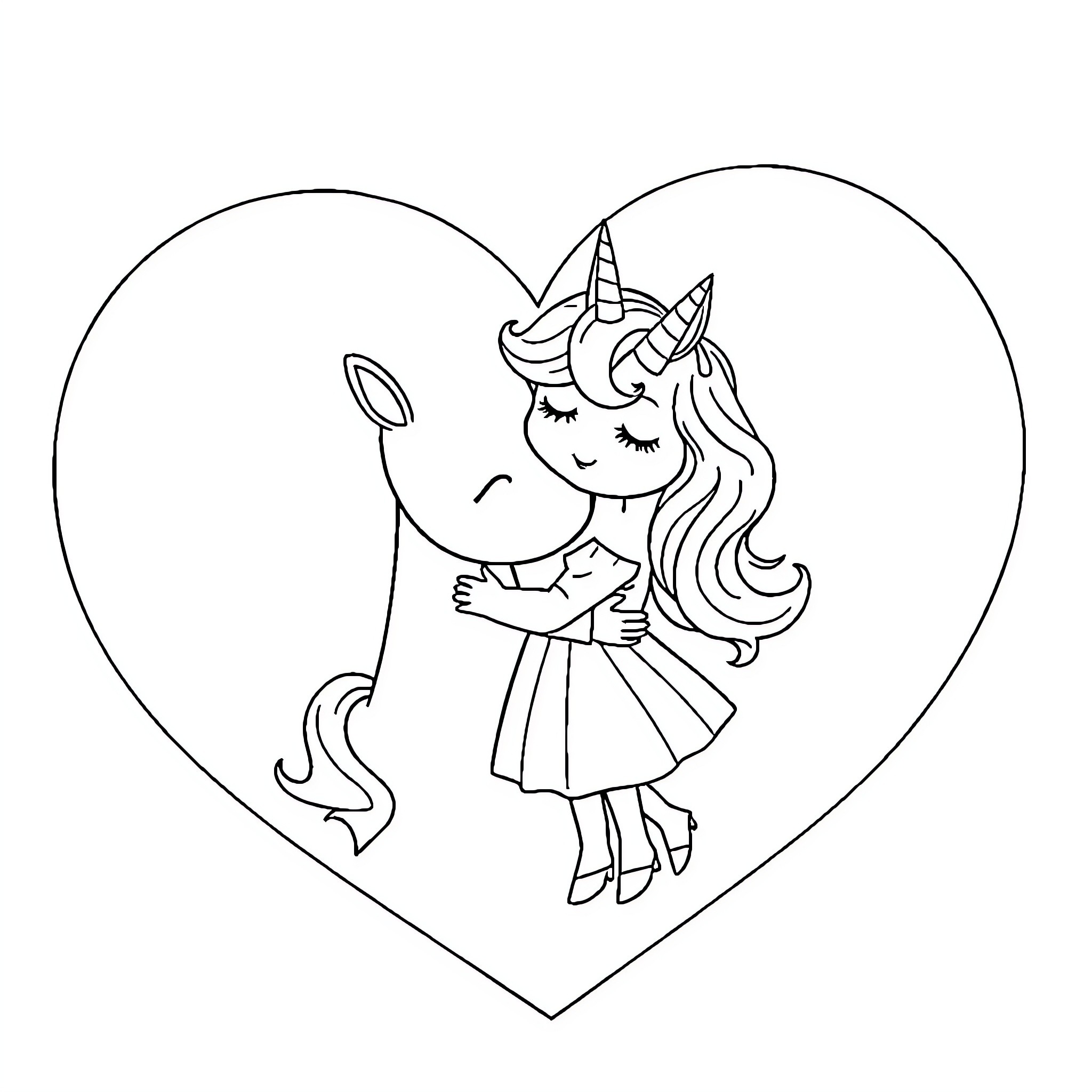 Loveheart unicorn girl's adorable embrace Coloring Page (free black-and-white line drawing printable PDF for all, from beginners to advanced learners, including children, teens, adults, and seniors)