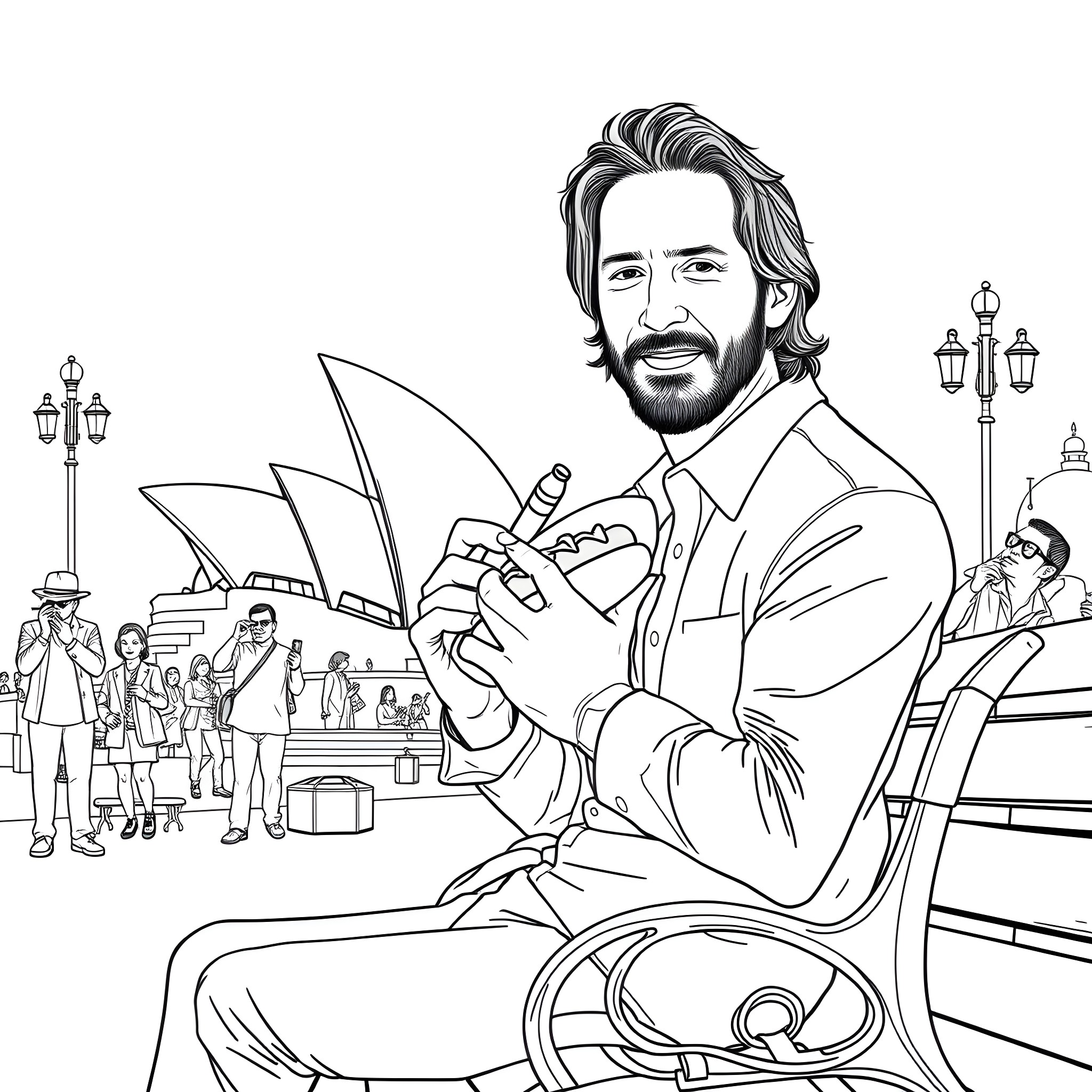 Keanu Reeves enjoying the Sydney Opera House scenery Coloring Page (free black-and-white line drawing printable PDF for all, from beginners to advanced learners, including children, teens, adults, and seniors)