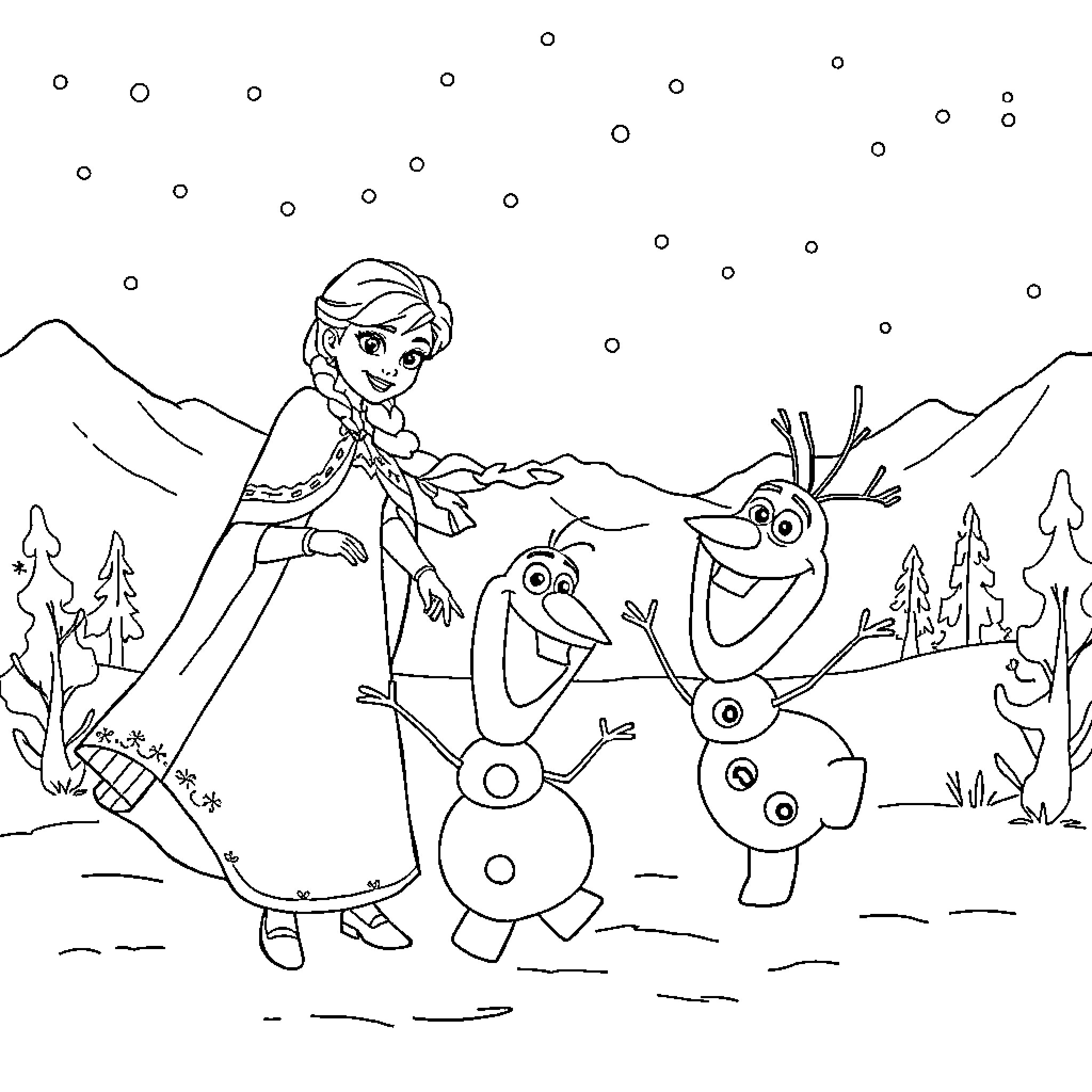 Elsa enjoying a snowy adventure with Olaf Coloring Page (free black-and-white line drawing printable PDF for all, from beginners to advanced learners, including children, teens, adults, and seniors)