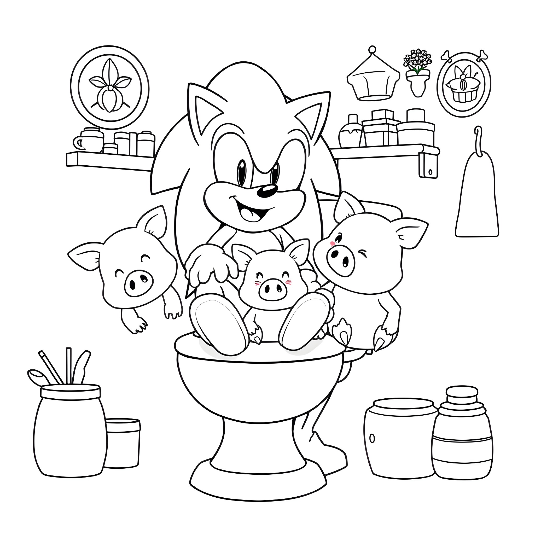 Sonic's Adorable Animal Friends in Bathroom Setting Coloring Page (free black-and-white line drawing printable PDF for all, from beginners to advanced learners, including children, teens, adults, and seniors)