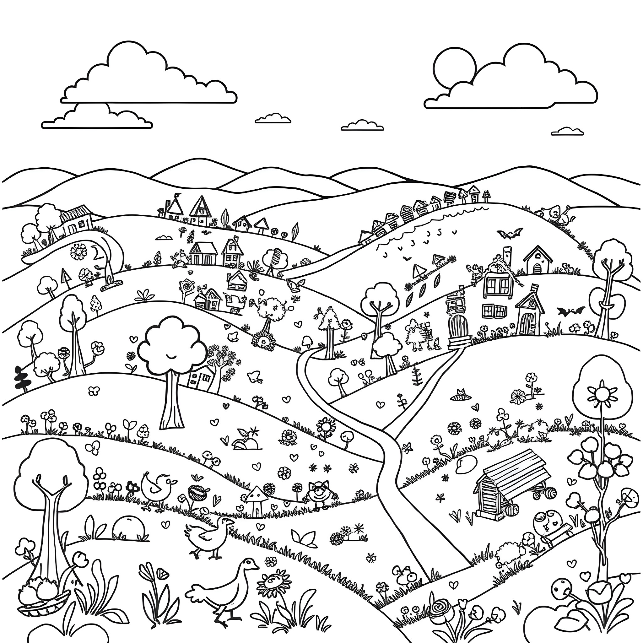 Dandy Countryside Landscape with Charming Buildings Coloring Page (free black-and-white line drawing printable PDF for all, from beginners to advanced learners, including children, teens, adults, and seniors)