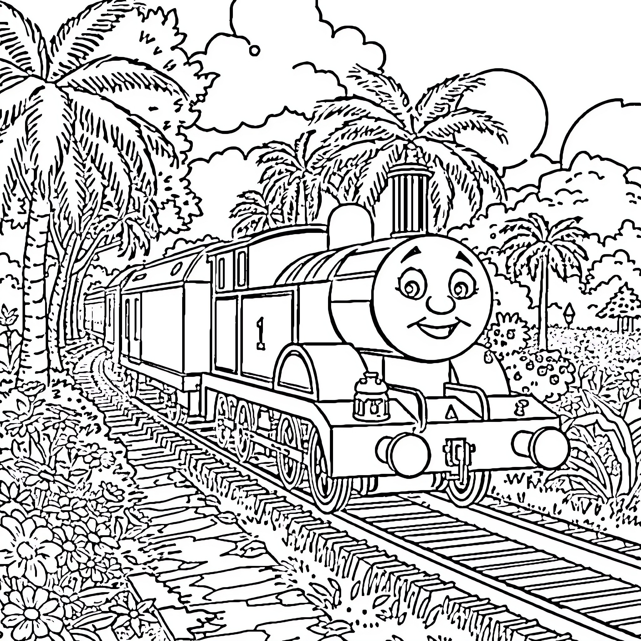 Thomas' Tropical Train Adventure Coloring Page (free black-and-white line drawing printable PDF for all, from beginners to advanced learners, including children, teens, adults, and seniors)