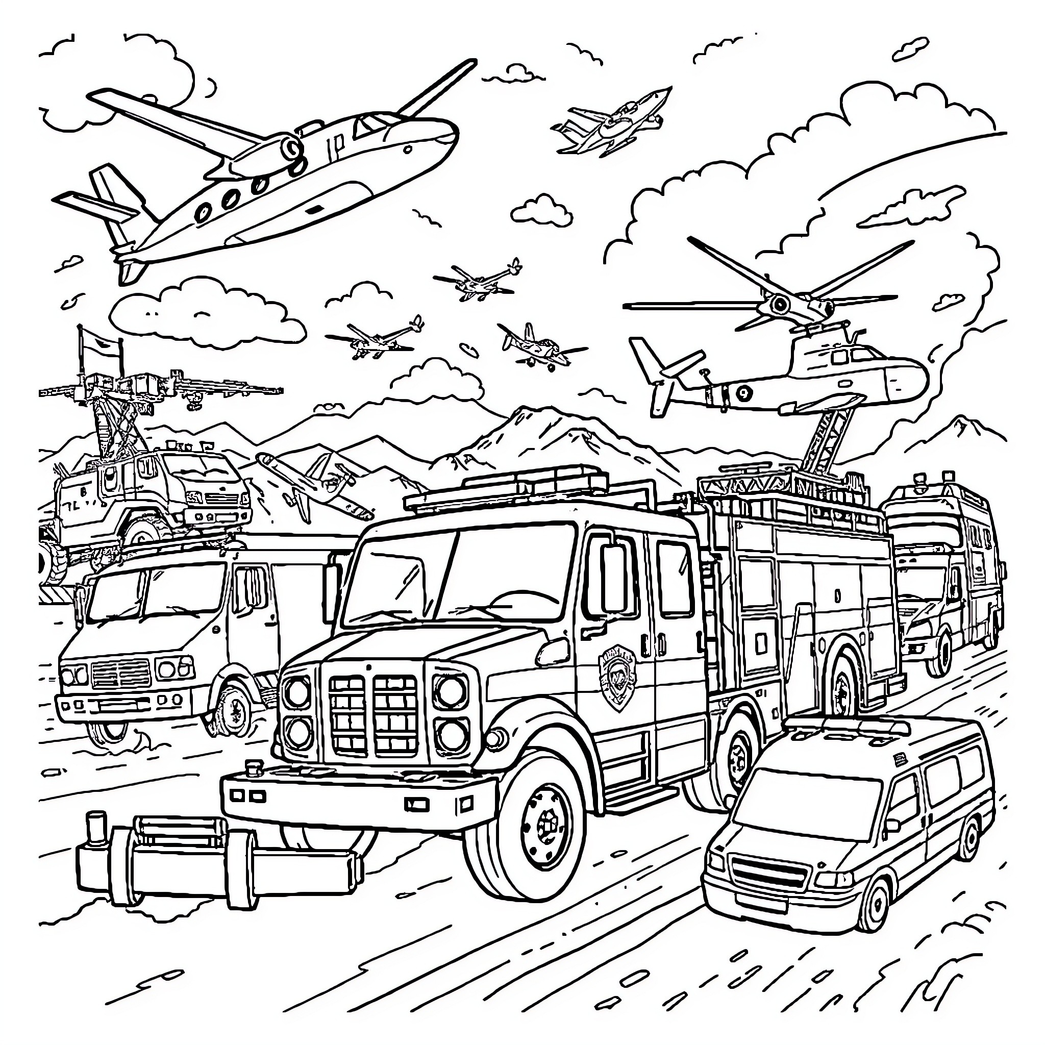 Rescue Vehicles Assisting in Emergency Situations Coloring Page (free black-and-white line drawing printable PDF for all, from beginners to advanced learners, including children, teens, adults, and seniors)