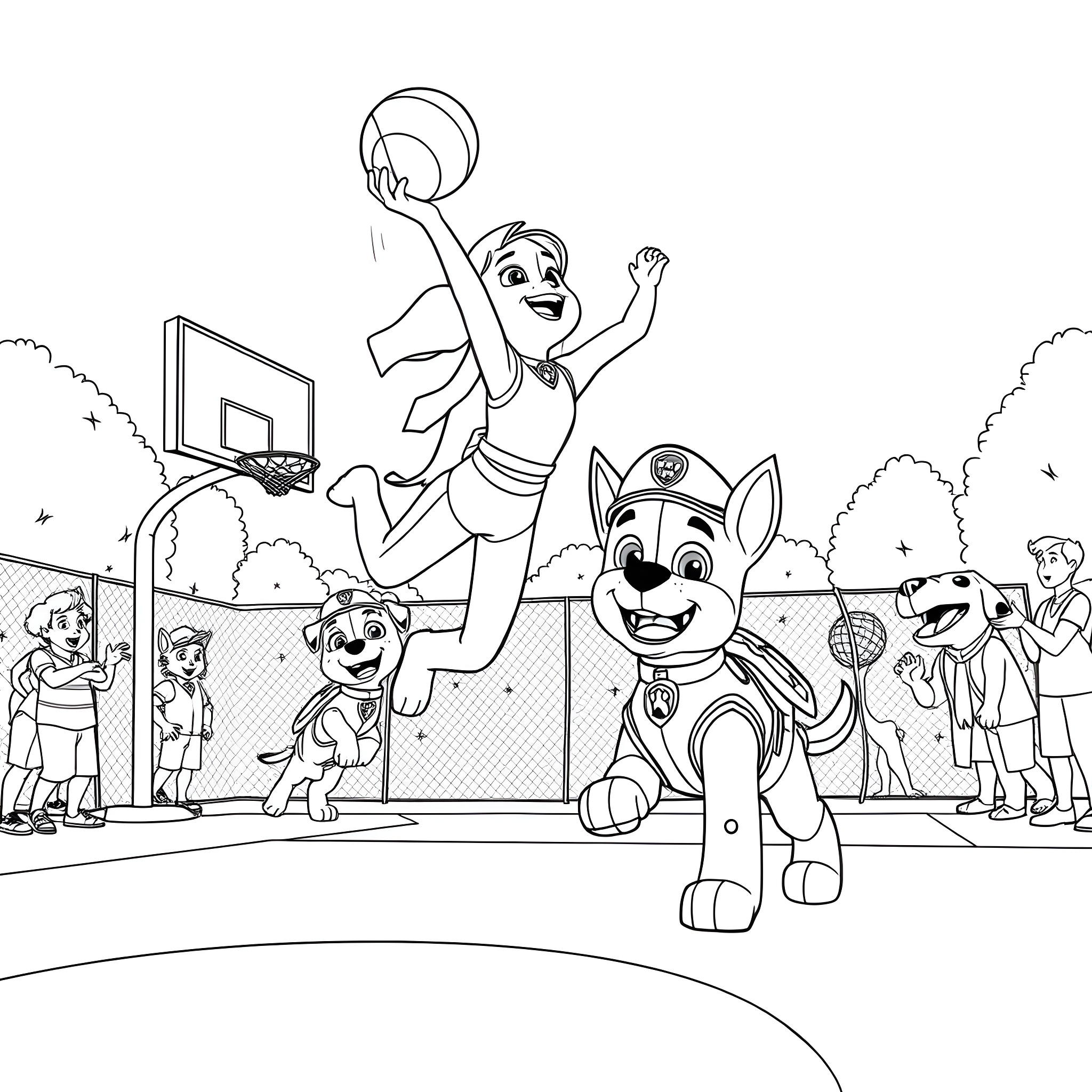 Paw Patrol team playing basketball outdoors Coloring Page (free black-and-white line drawing printable PDF for all, from beginners to advanced learners, including children, teens, adults, and seniors)