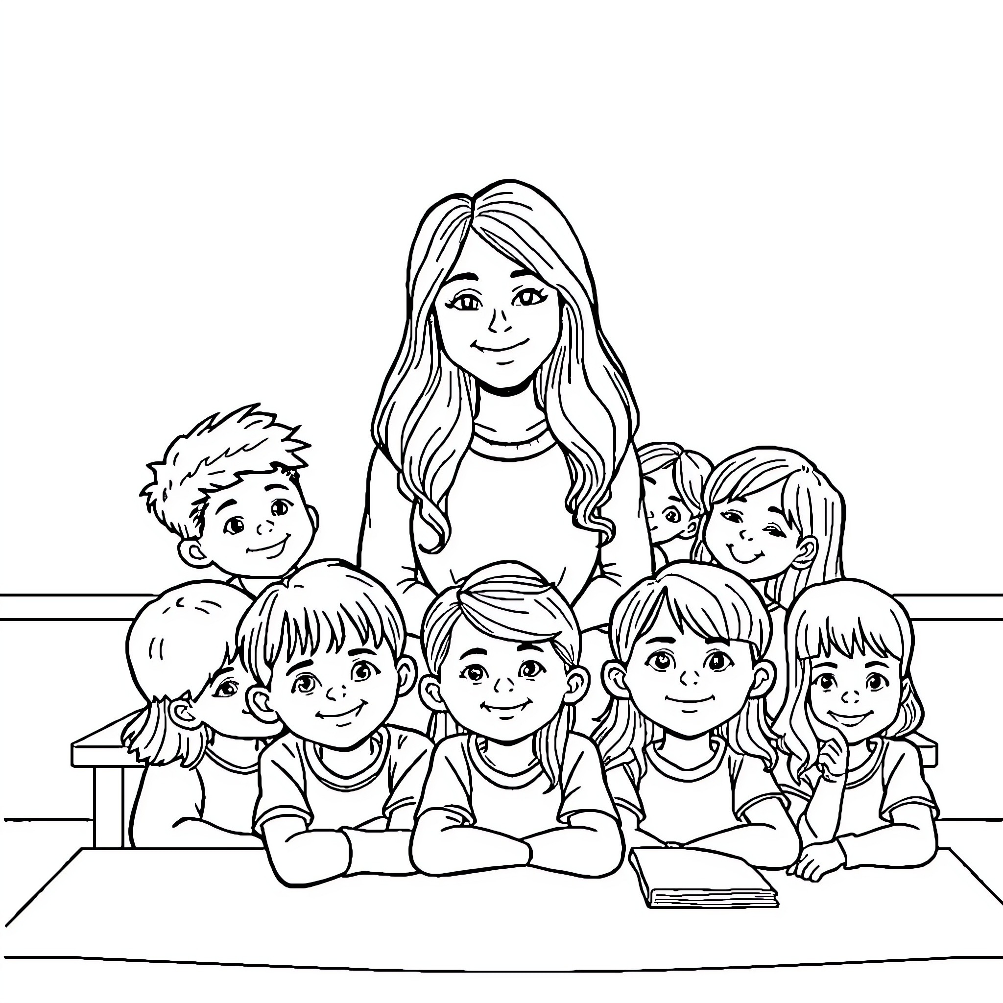 Student group with teacher in classroom Coloring Page (free black-and-white line drawing printable PDF for all, from beginners to advanced learners, including children, teens, adults, and seniors)
