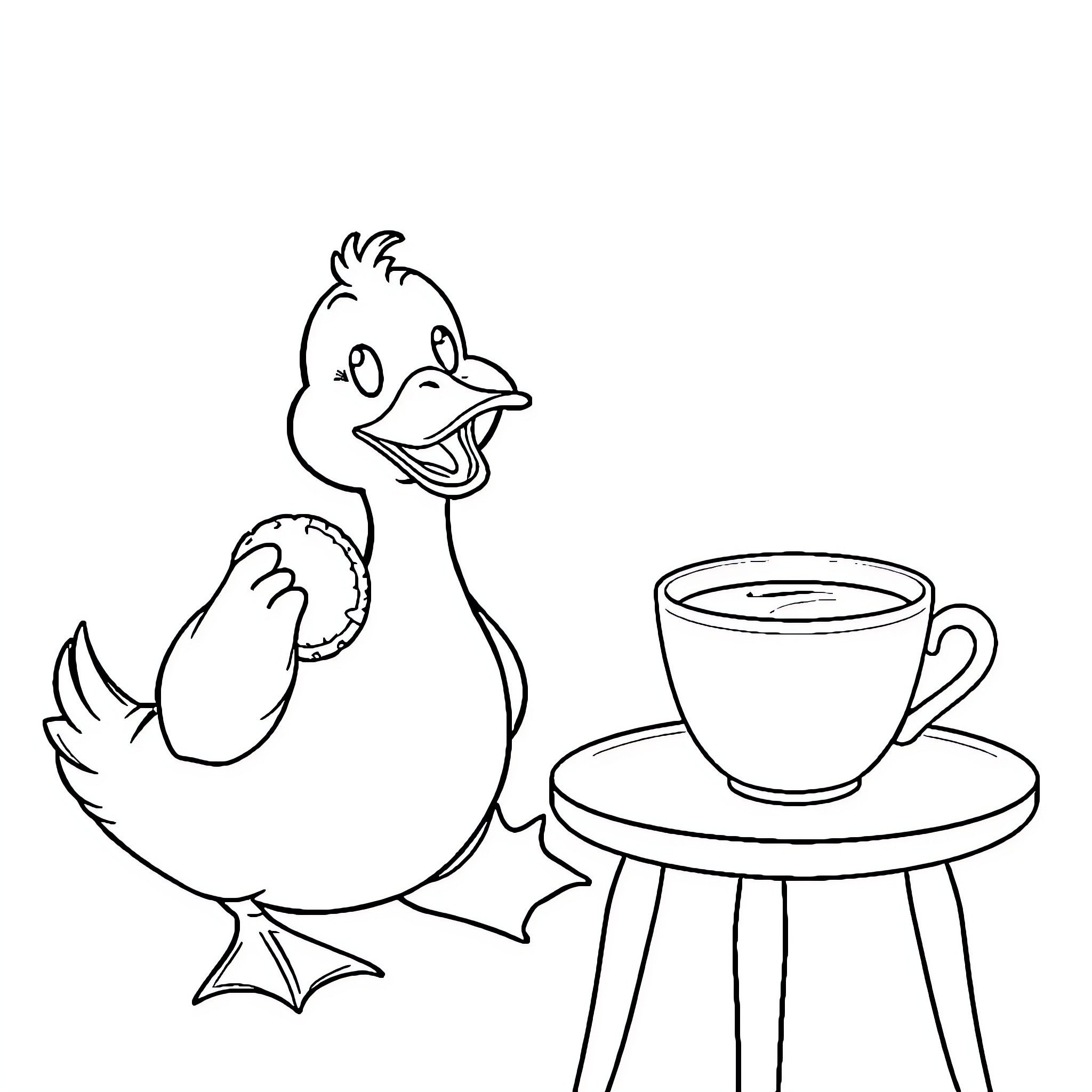 Duck sitting at a table with a cup of tea Coloring Page (free black-and-white line drawing printable PDF for all, from beginners to advanced learners, including children, teens, adults, and seniors)