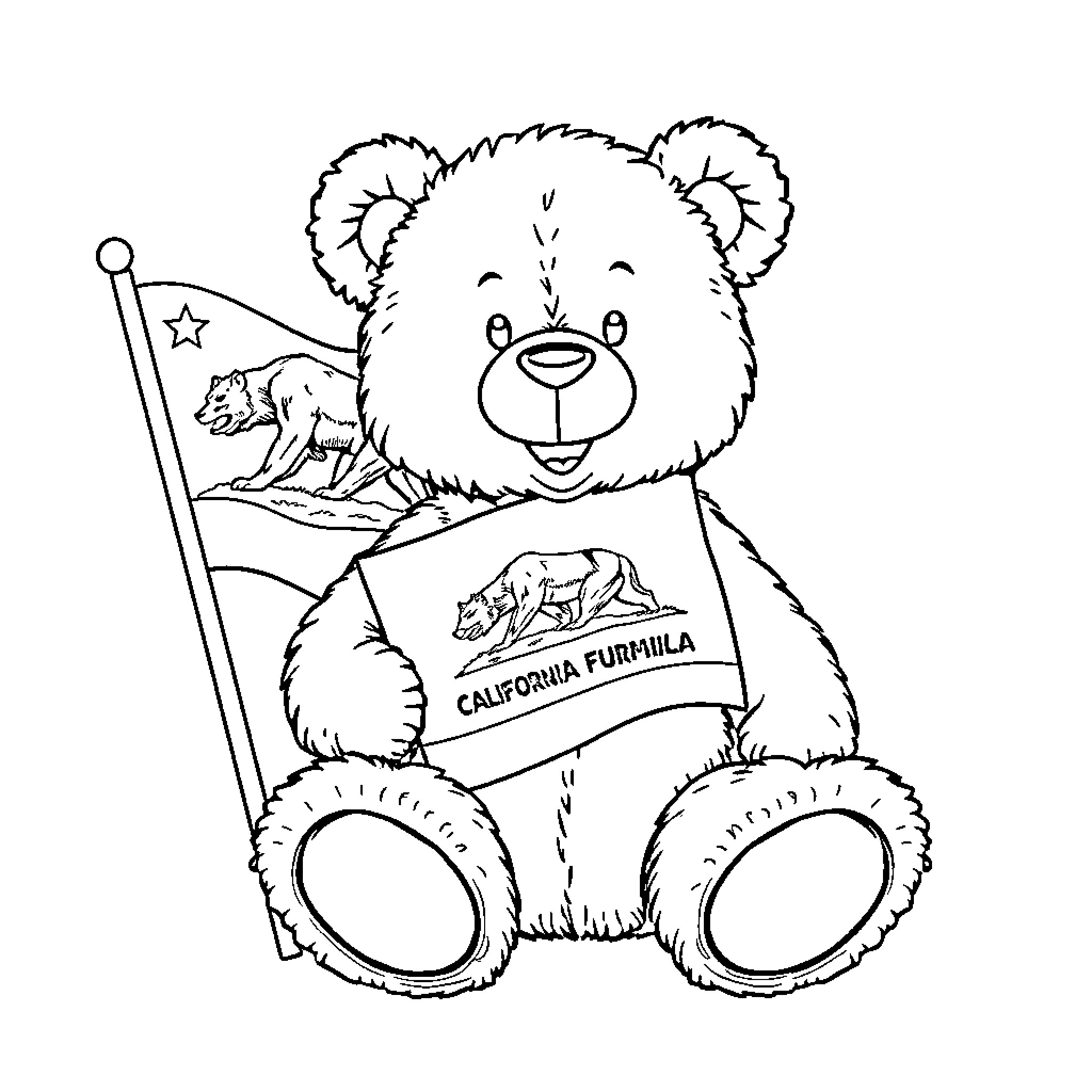 Teddy Bear holding California flag and smiling Coloring Page (free black-and-white line drawing printable PDF for all, from beginners to advanced learners, including children, teens, adults, and seniors)