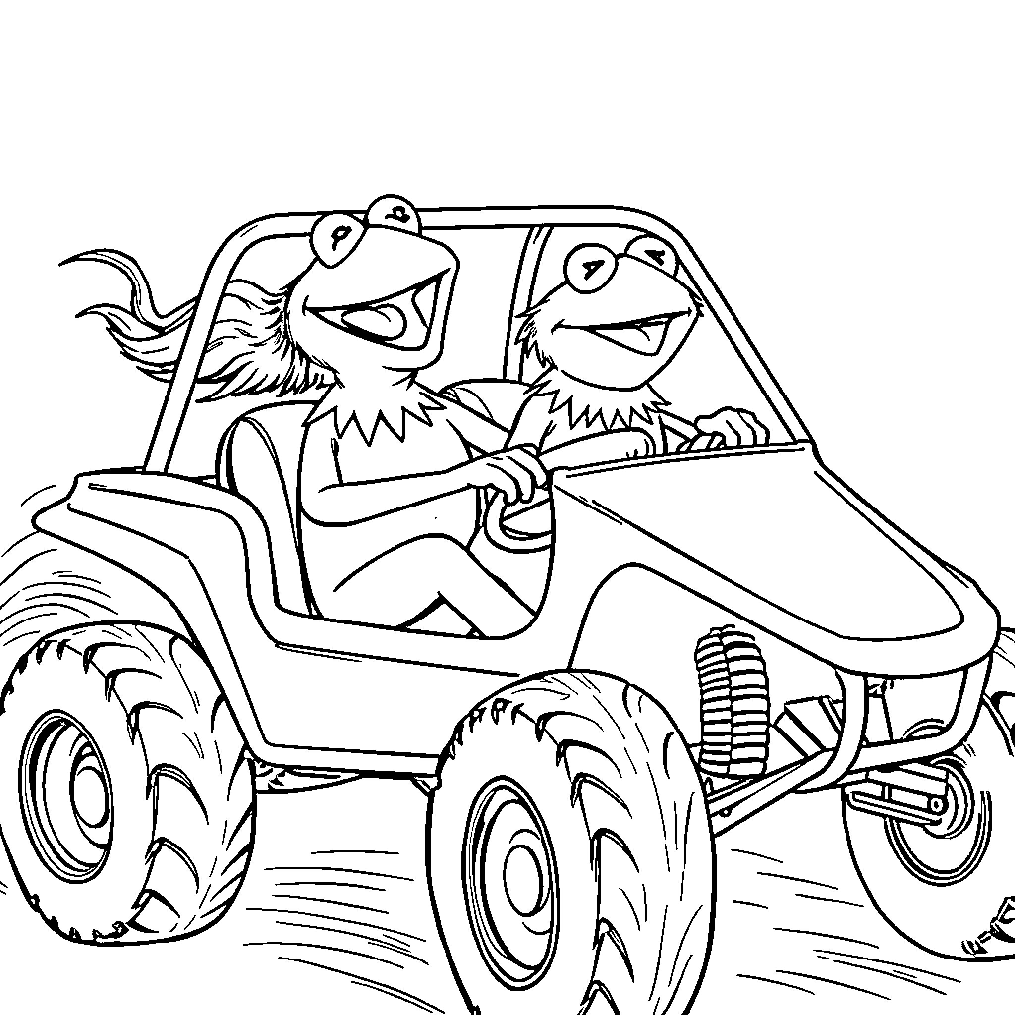 Kermit and Fozzie driving a monster truck Coloring Page (free black-and-white line drawing printable PDF for all, from beginners to advanced learners, including children, teens, adults, and seniors)