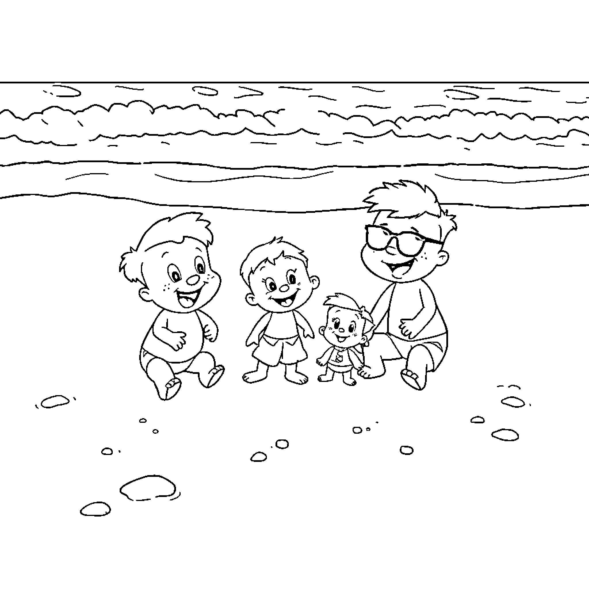 Bluey and family explore the beach together Coloring Page (free black-and-white line drawing printable PDF for all, from beginners to advanced learners, including children, teens, adults, and seniors)