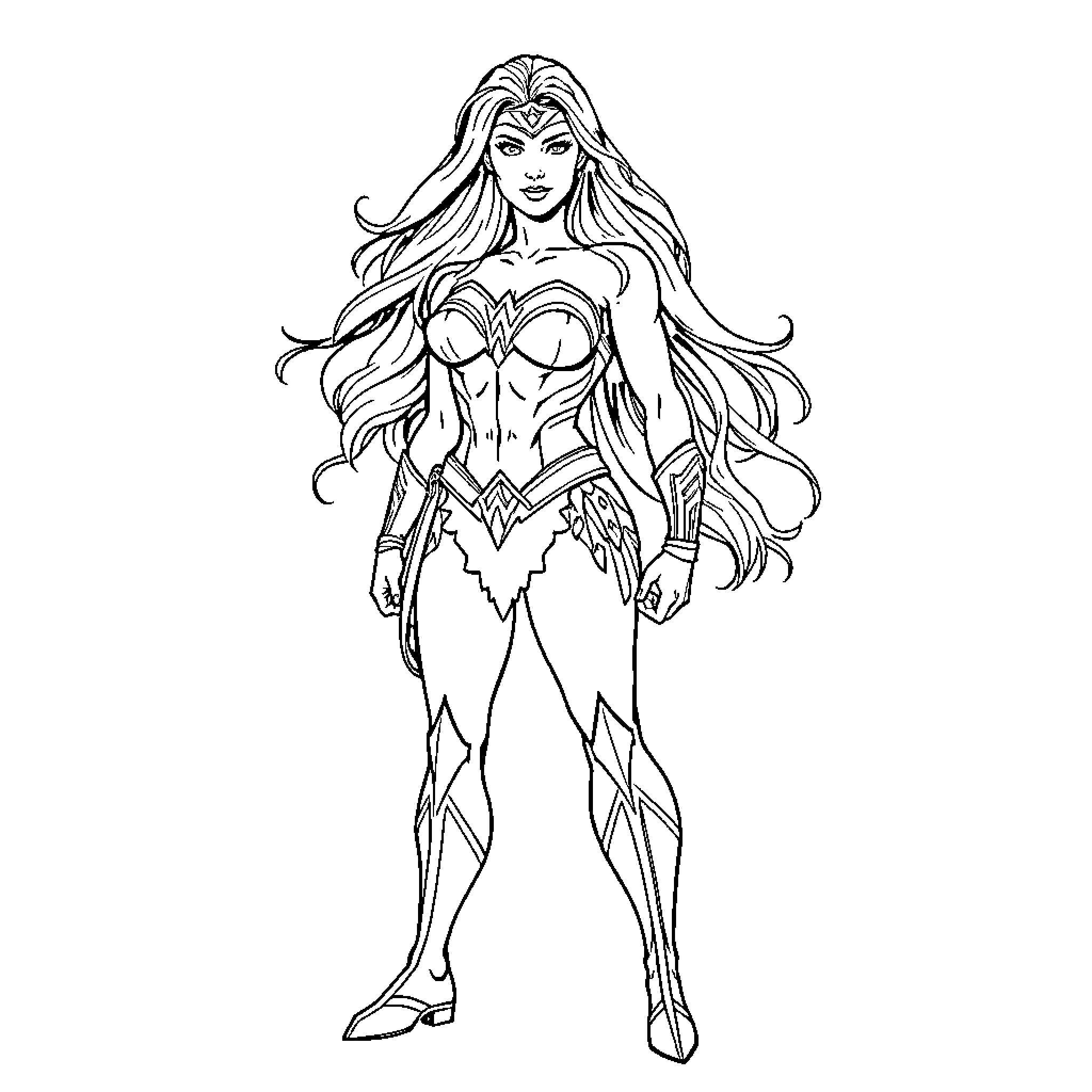 Wonder Woman in Heroic Pose with Long Flowing Hair Coloring Page (free black-and-white line drawing printable PDF for all, from beginners to advanced learners, including children, teens, adults, and seniors)
