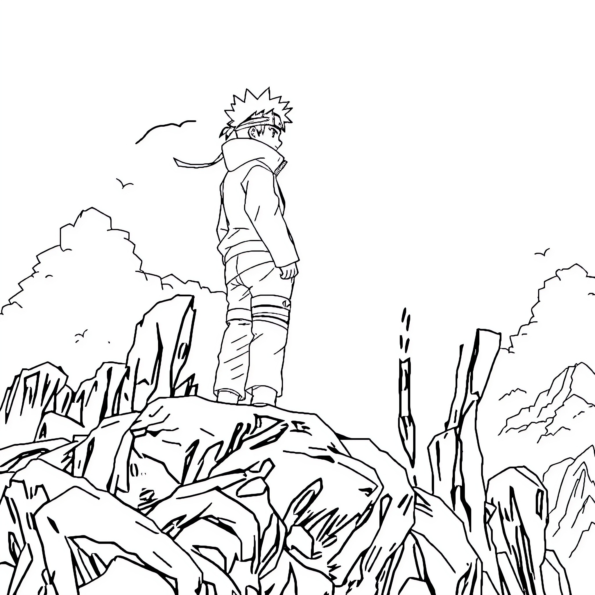 Naruto character standing on a rocky mountain Coloring Page (free black-and-white line drawing printable PDF for all, from beginners to advanced learners, including children, teens, adults, and seniors)