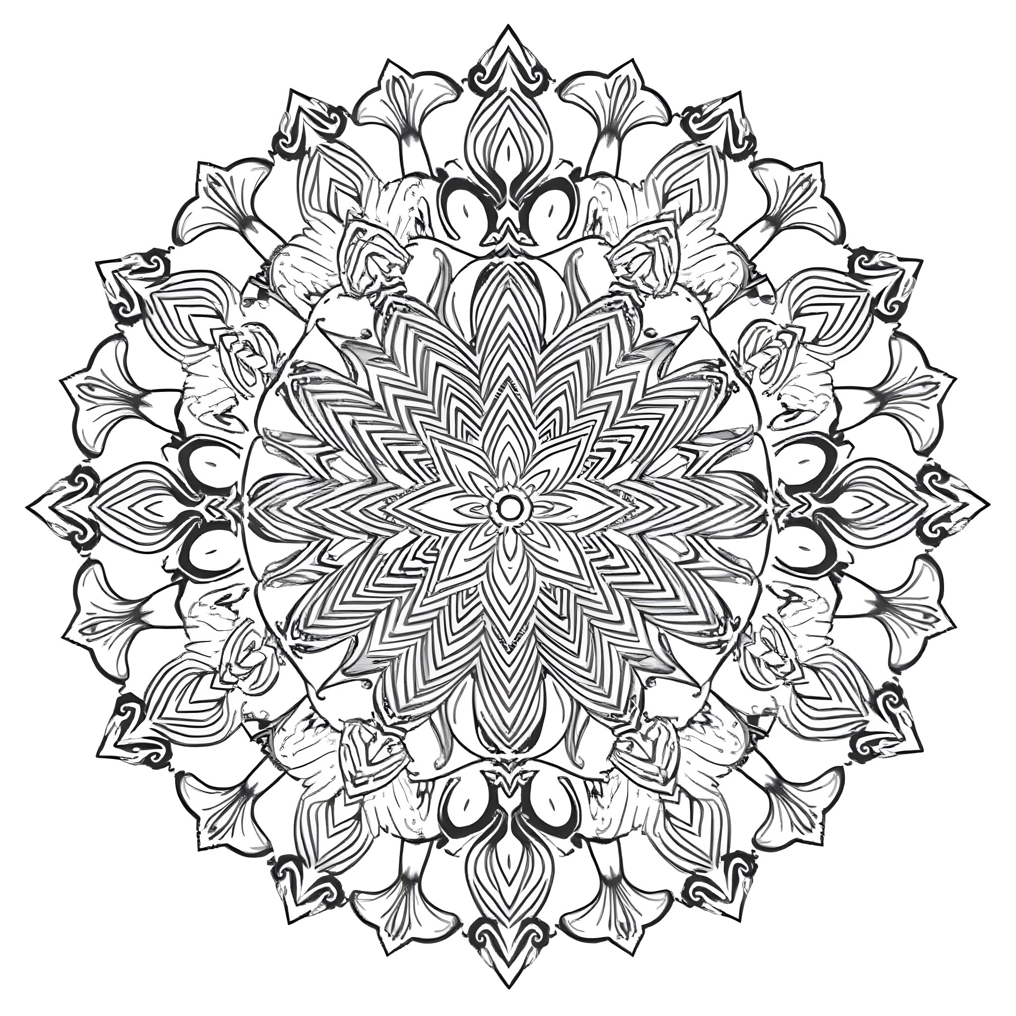 Mandala with intricate floral patterns and geometric designs Coloring Page (free black-and-white line drawing printable PDF for all, from beginners to advanced learners, including children, teens, adults, and seniors)