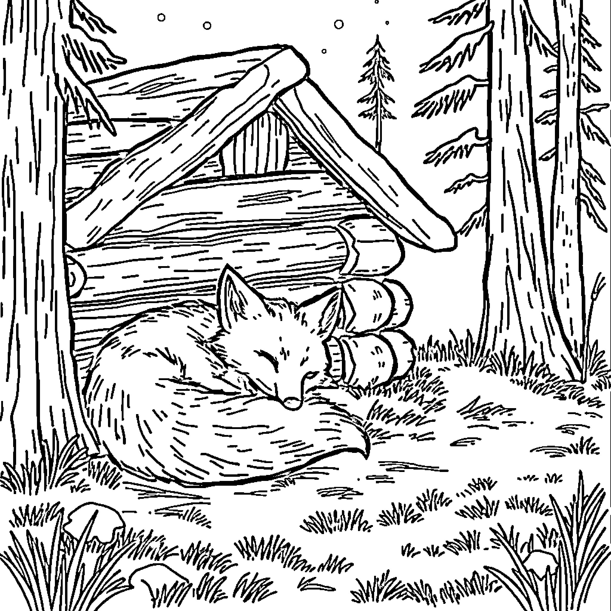 Fox resting peacefully in the forest Coloring Page (free black-and-white line drawing printable PDF for all, from beginners to advanced learners, including children, teens, adults, and seniors)