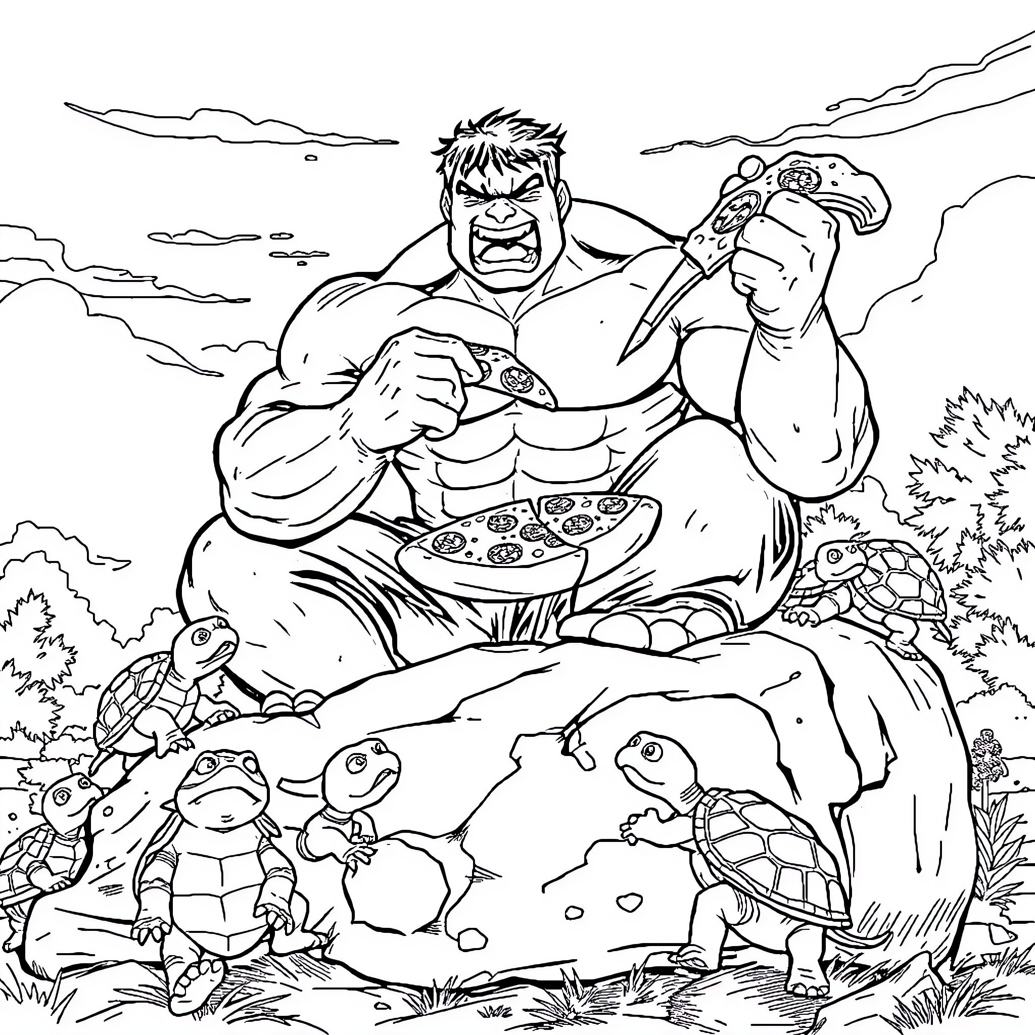 Hulk Enjoying a Meal with Curious Woodland Creatures Coloring Page (free black-and-white line drawing printable PDF for all, from beginners to advanced learners, including children, teens, adults, and seniors)