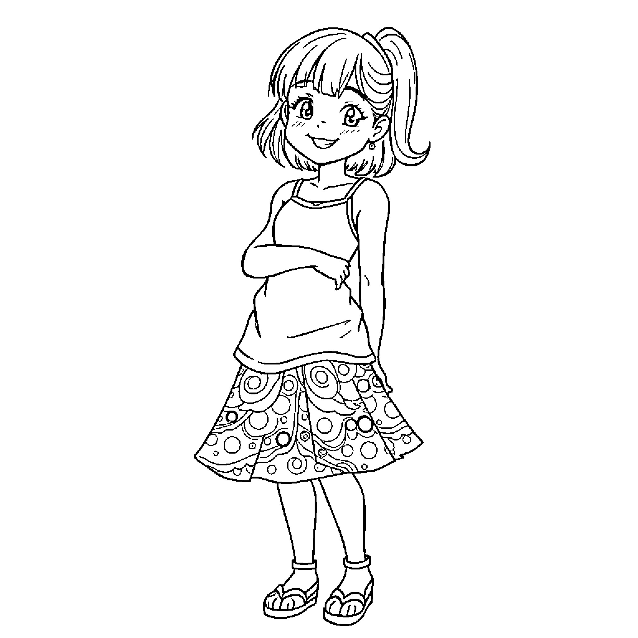 Boy in Cheerful Outfit Expressing Happiness Coloring Page (free black-and-white line drawing printable PDF for all, from beginners to advanced learners, including children, teens, adults, and seniors)