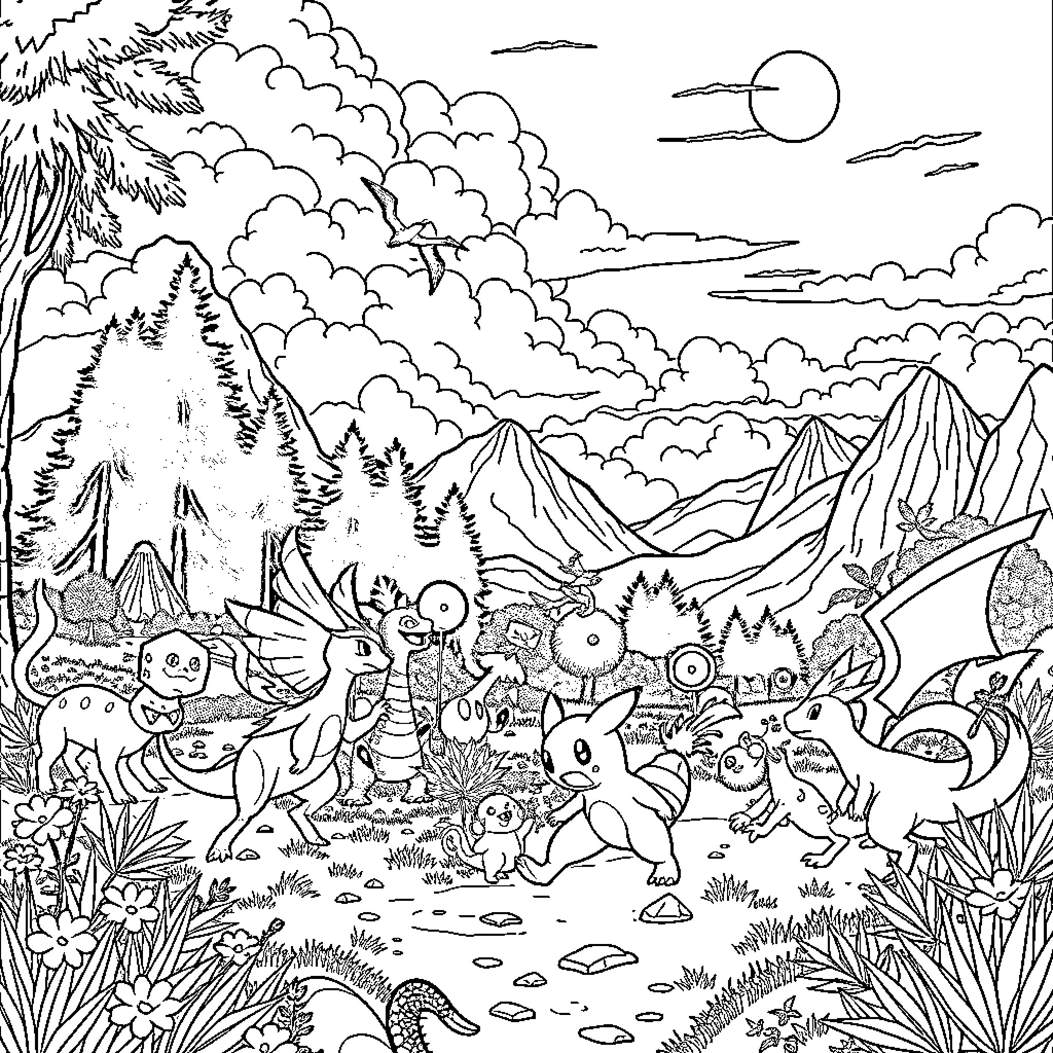 Pokémon characters in a magical forest landscape Coloring Page (free black-and-white line drawing printable PDF for all, from beginners to advanced learners, including children, teens, adults, and seniors)