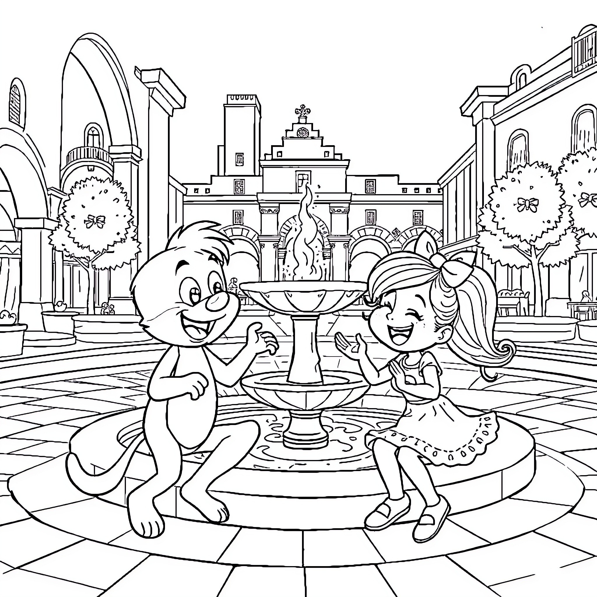 Bluey and friend playing near a fountain in the city Coloring Page (free black-and-white line drawing printable PDF for all, from beginners to advanced learners, including children, teens, adults, and seniors)