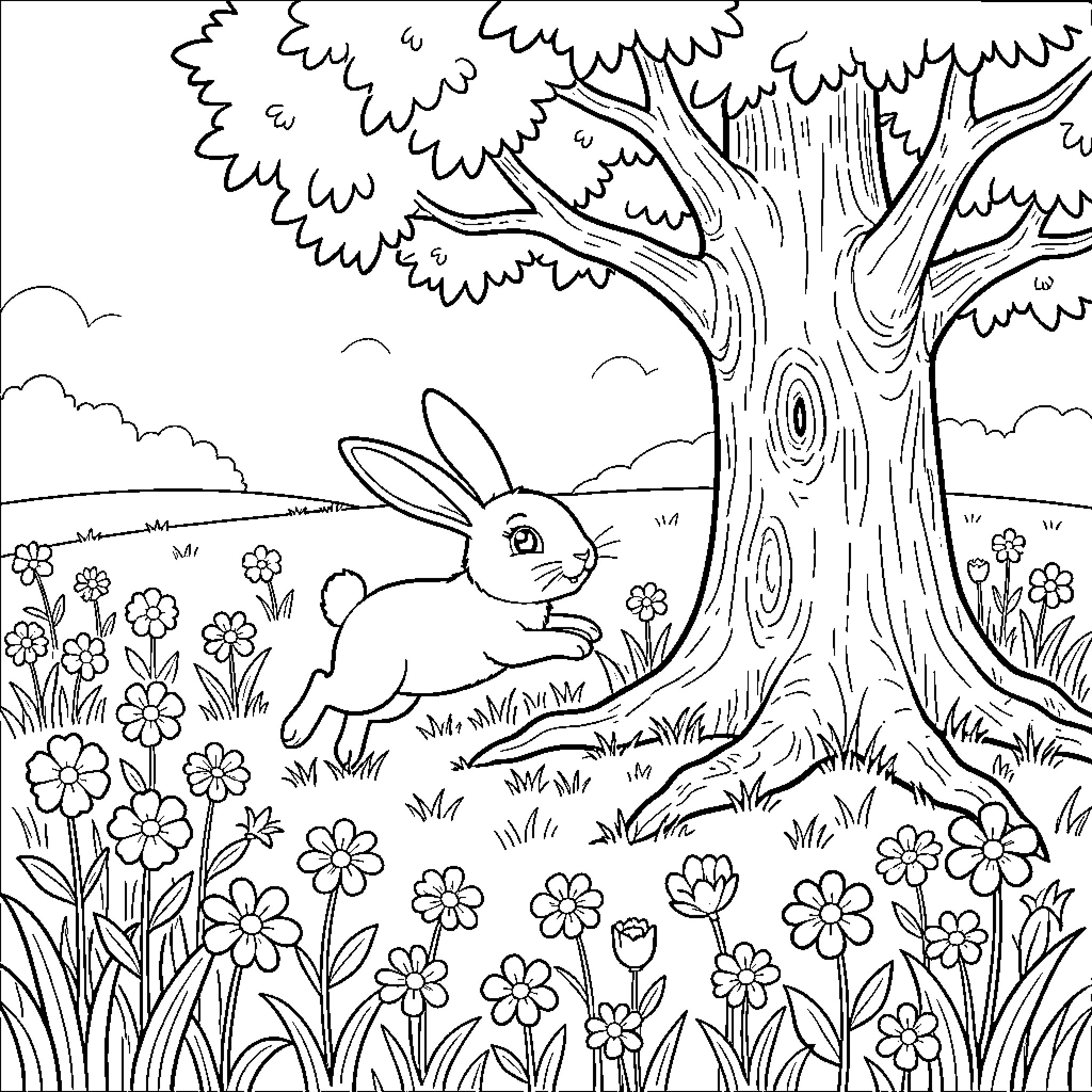 Rabbit hopping joyfully through a field of flowers Coloring Page (free black-and-white line drawing printable PDF for all, from beginners to advanced learners, including children, teens, adults, and seniors)