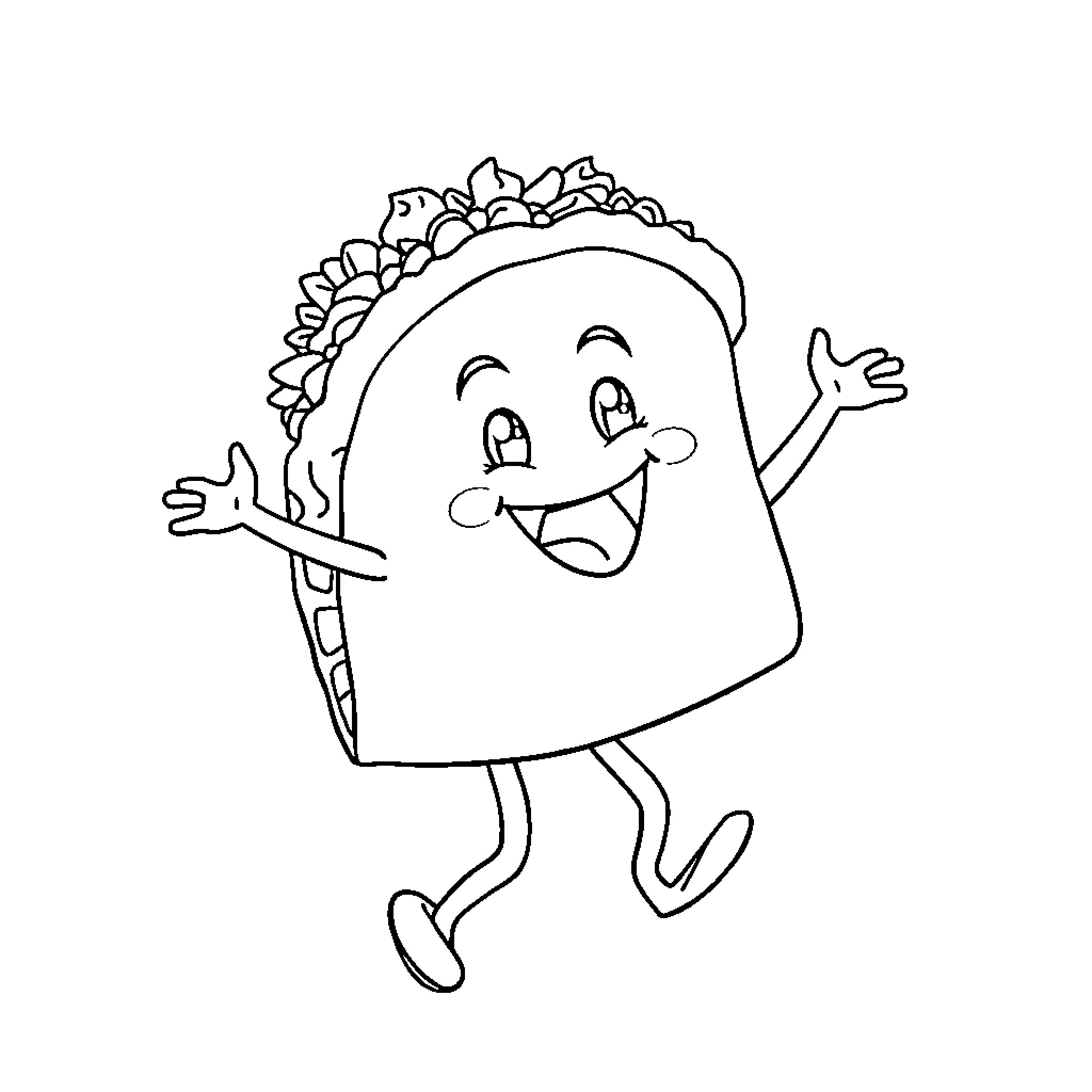 Taco character happily dancing Coloring Page (free black-and-white line drawing printable PDF for all, from beginners to advanced learners, including children, teens, adults, and seniors)