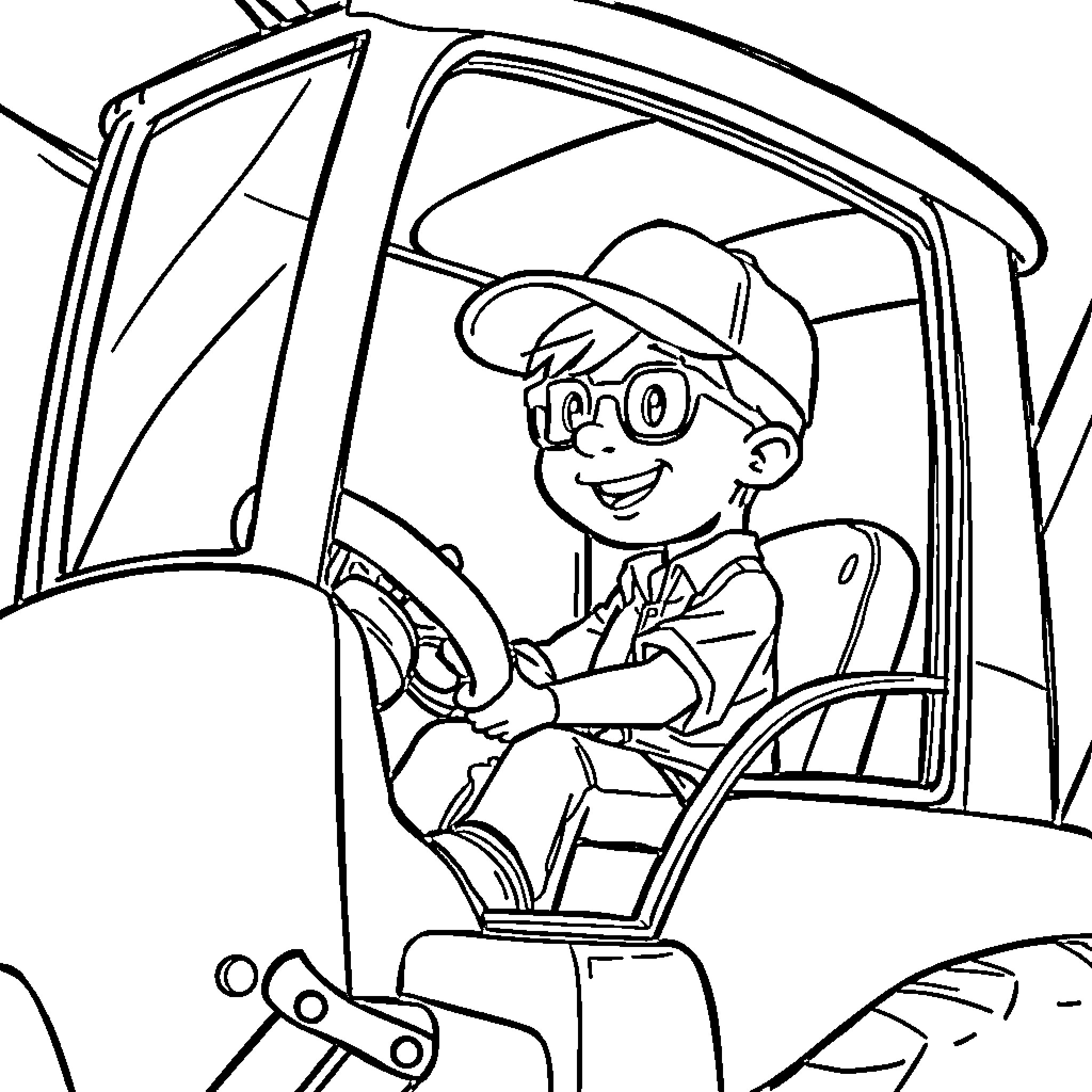 Boy operating heavy machinery with enthusiasm Coloring Page (free black-and-white line drawing printable PDF for all, from beginners to advanced learners, including children, teens, adults, and seniors)