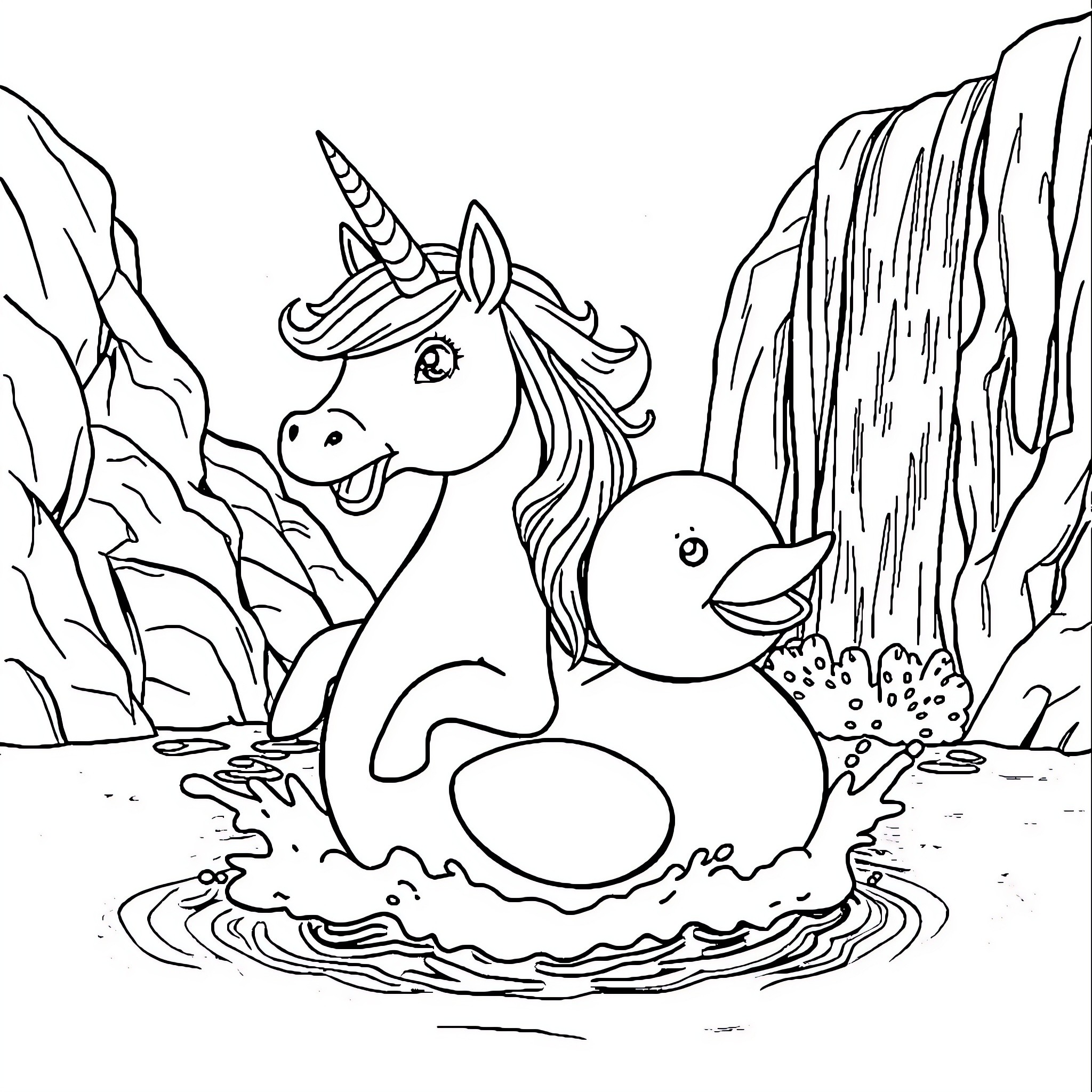 Unicorn and Duckling Splashing in the Pond Coloring Page (free black-and-white line drawing printable PDF for all, from beginners to advanced learners, including children, teens, adults, and seniors)