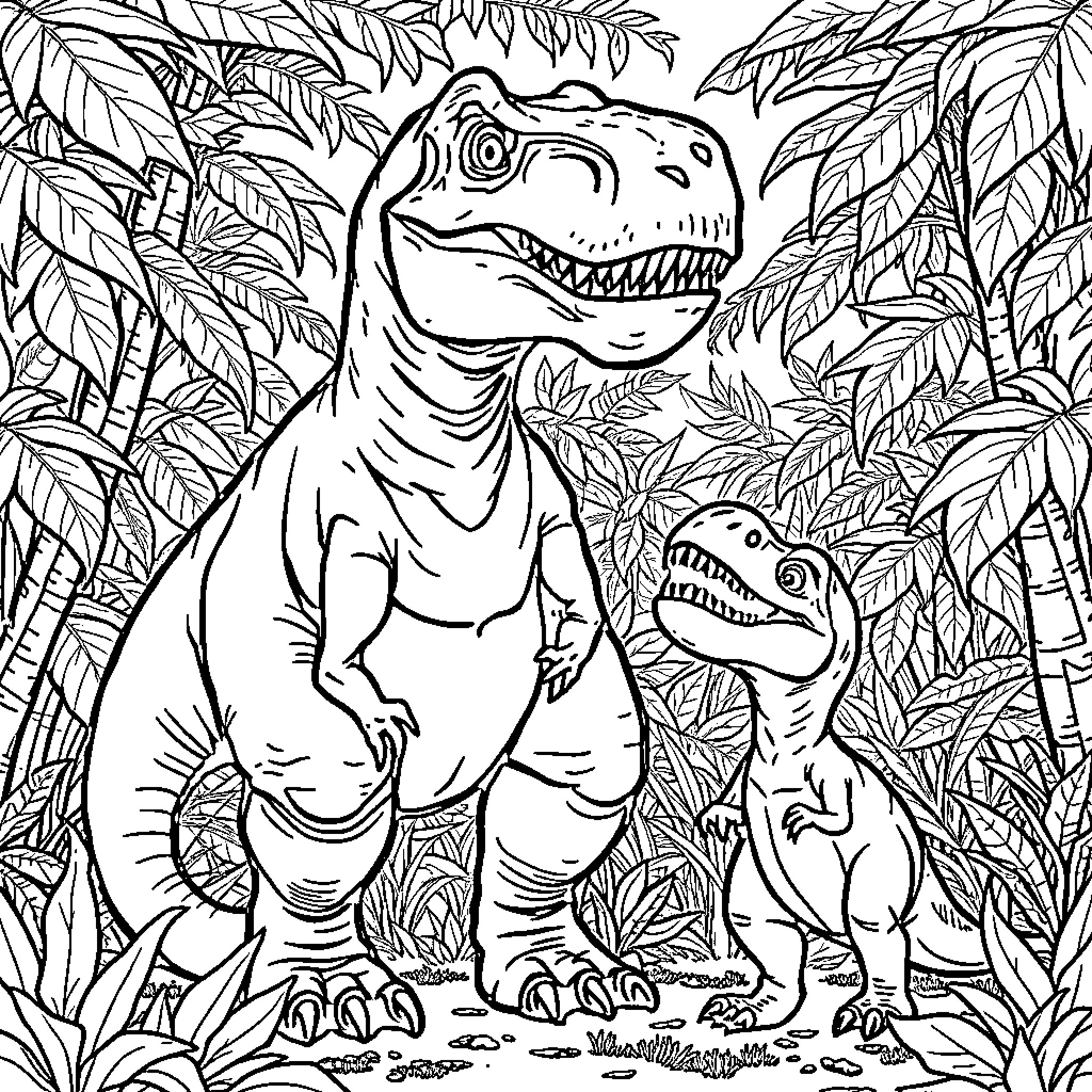T-Rex Dinosaurs Exploring the Jungle Coloring Page (free black-and-white line drawing printable PDF for all, from beginners to advanced learners, including children, teens, adults, and seniors)