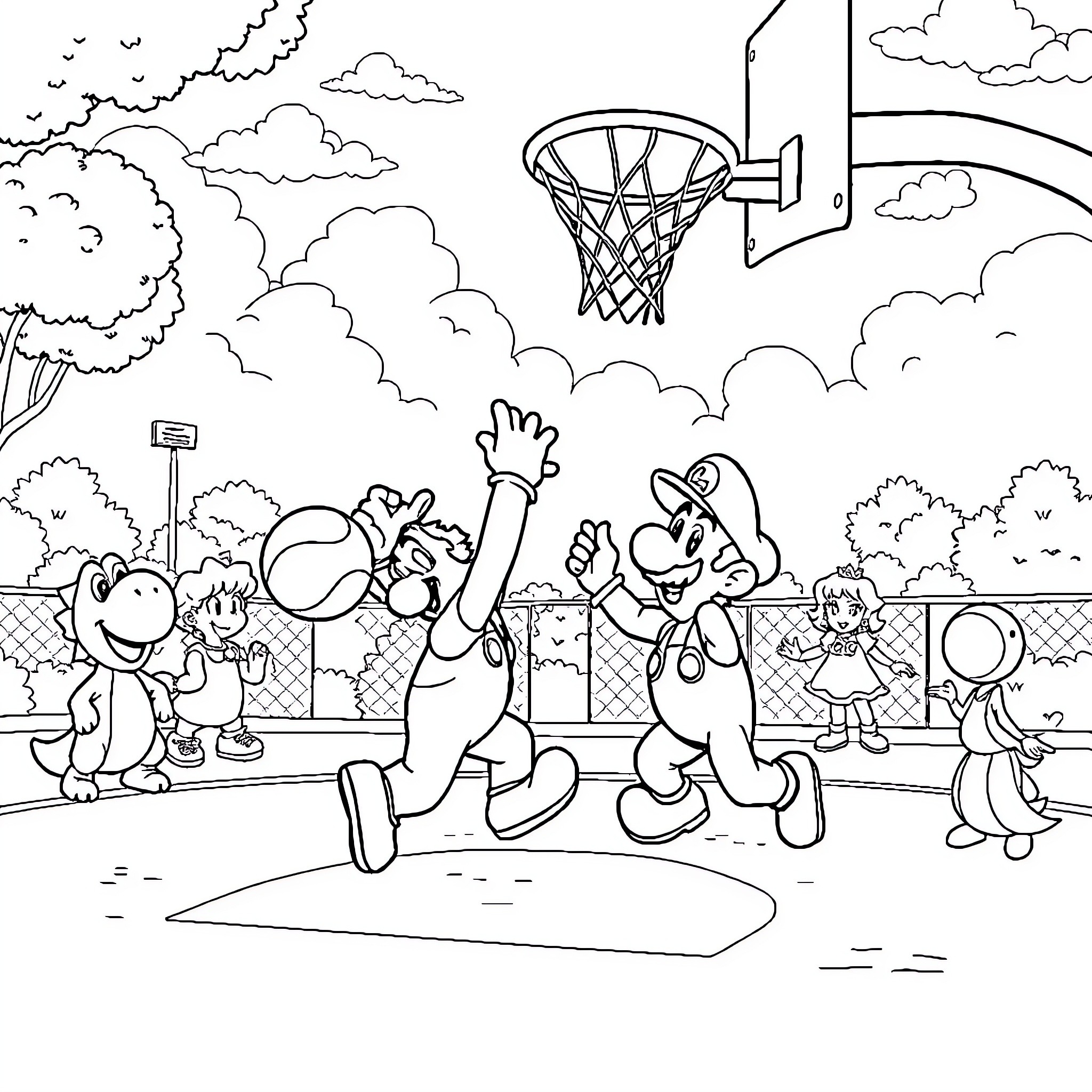 Mario and Friends Playing Basketball on a Sunny Day Coloring Page (free black-and-white line drawing printable PDF for all, from beginners to advanced learners, including children, teens, adults, and seniors)