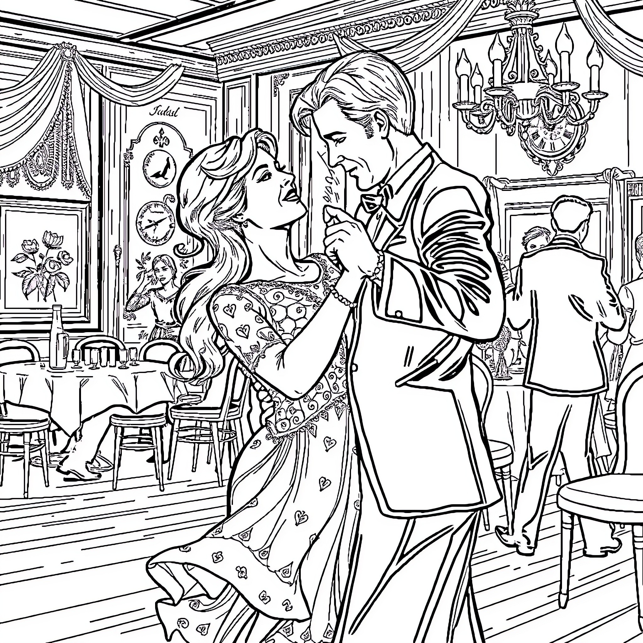 Dan-Axel Johannesson's elegant couple sharing an intimate moment Coloring Page (free black-and-white line drawing printable PDF for all, from beginners to advanced learners, including children, teens, adults, and seniors)