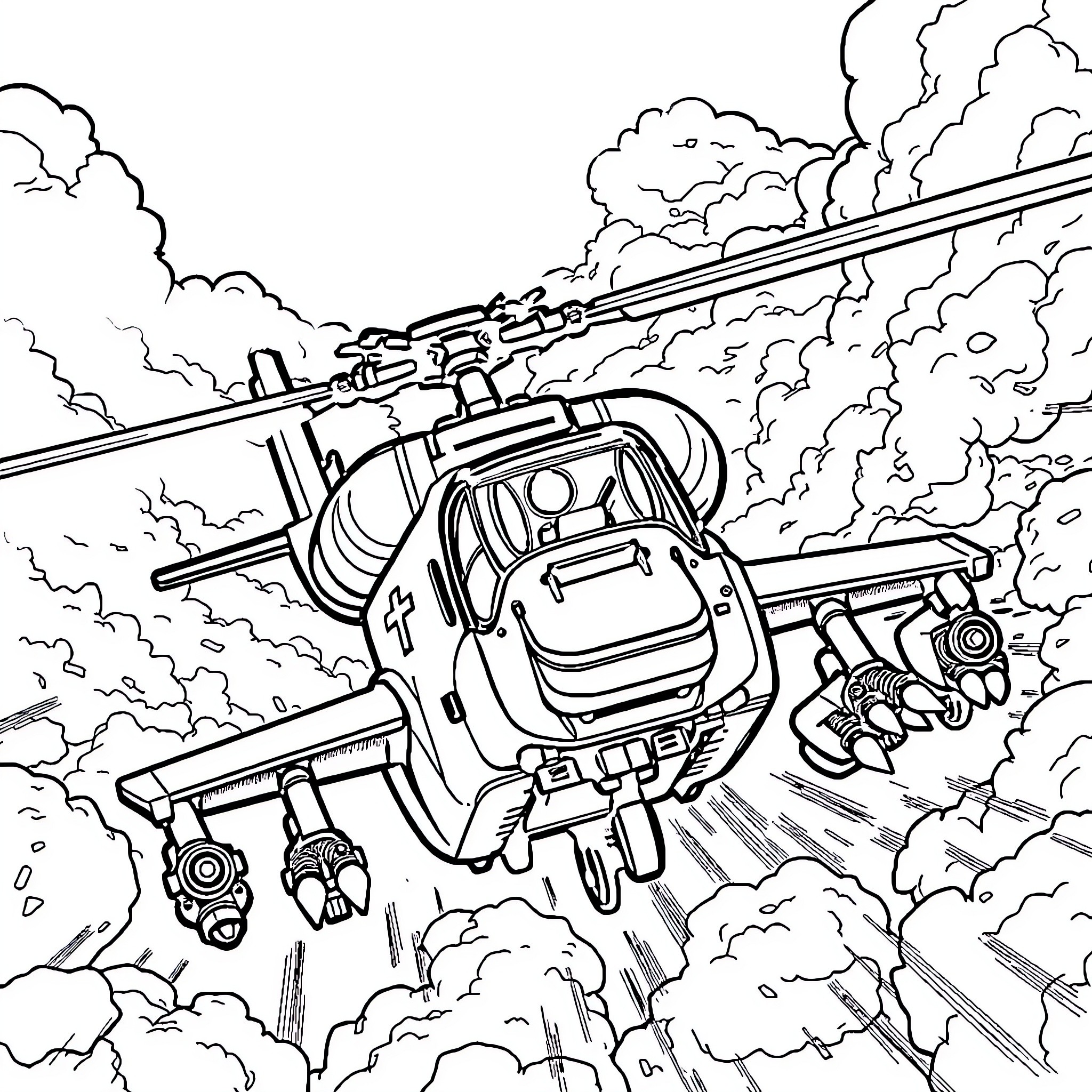 Chopper helicopter in action amid clouds Coloring Page (free black-and-white line drawing printable PDF for all, from beginners to advanced learners, including children, teens, adults, and seniors)