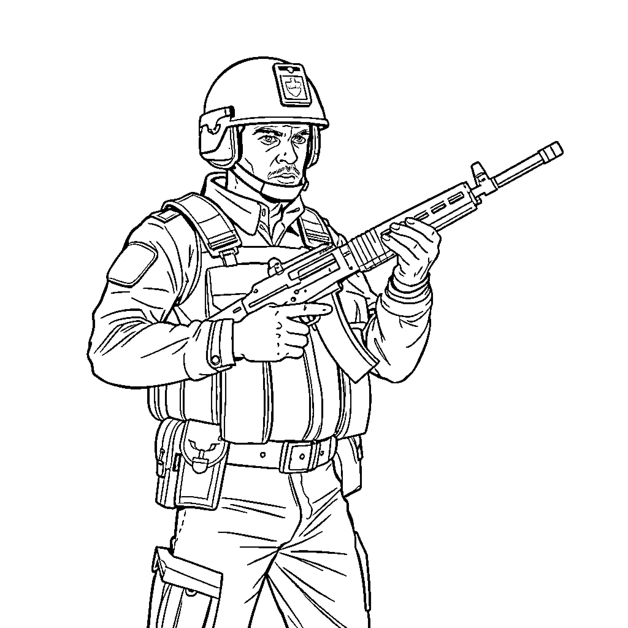 Soldier in combat gear wielding assault rifle Coloring Page (free black-and-white line drawing printable PDF for all, from beginners to advanced learners, including children, teens, adults, and seniors)