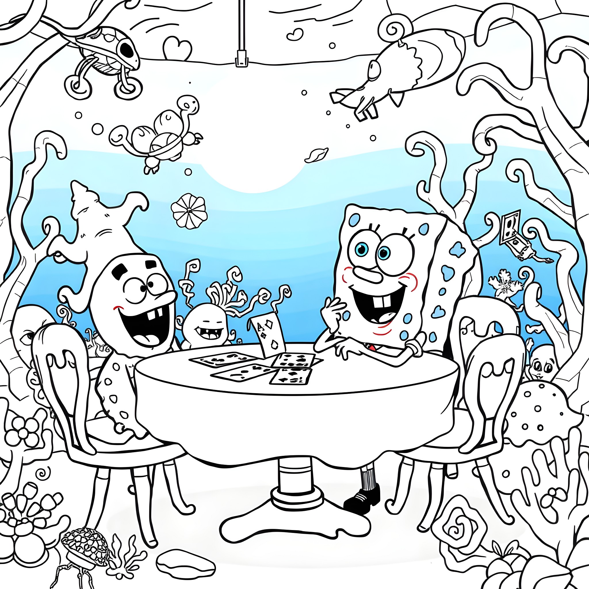 Spongebob and friends having an underwater tea party Coloring Page (free black-and-white line drawing printable PDF for all, from beginners to advanced learners, including children, teens, adults, and seniors)