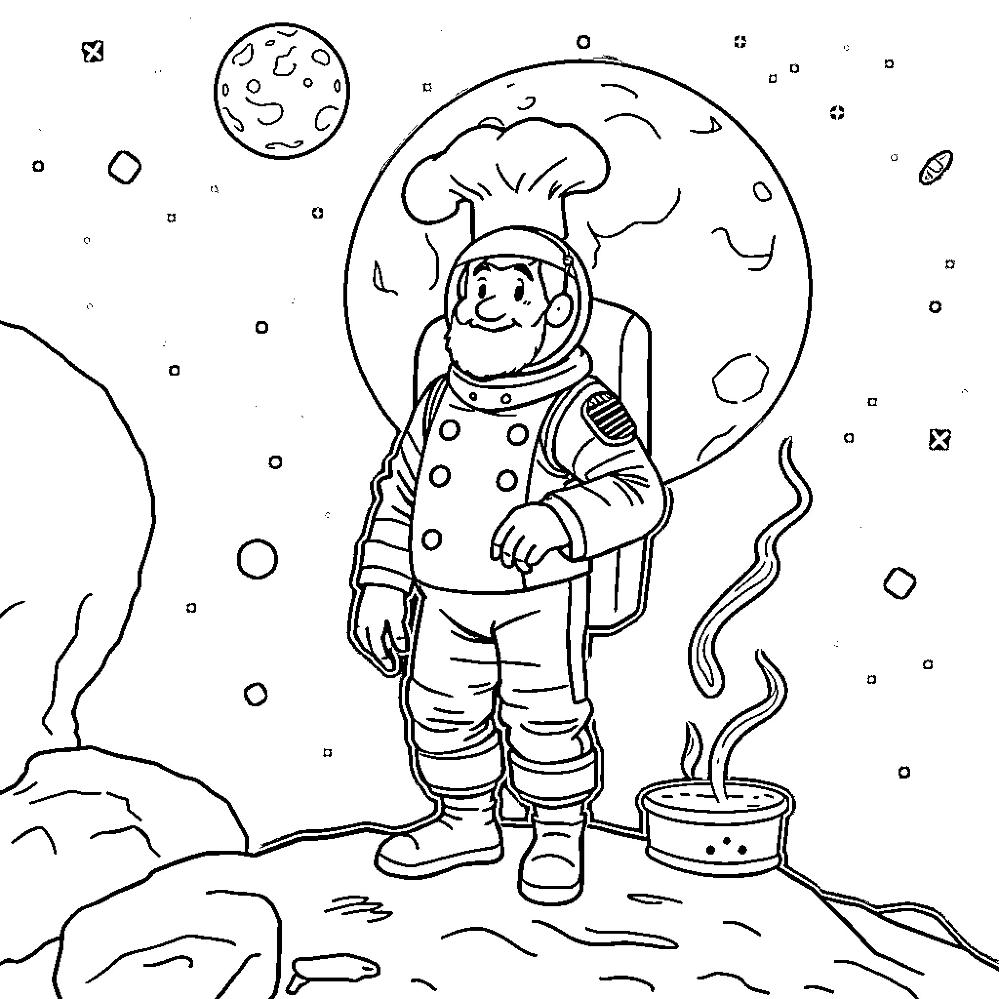 Chef in Cosmic Exploration Coloring Page (free black-and-white line drawing printable PDF for all, from beginners to advanced learners, including children, teens, adults, and seniors)
