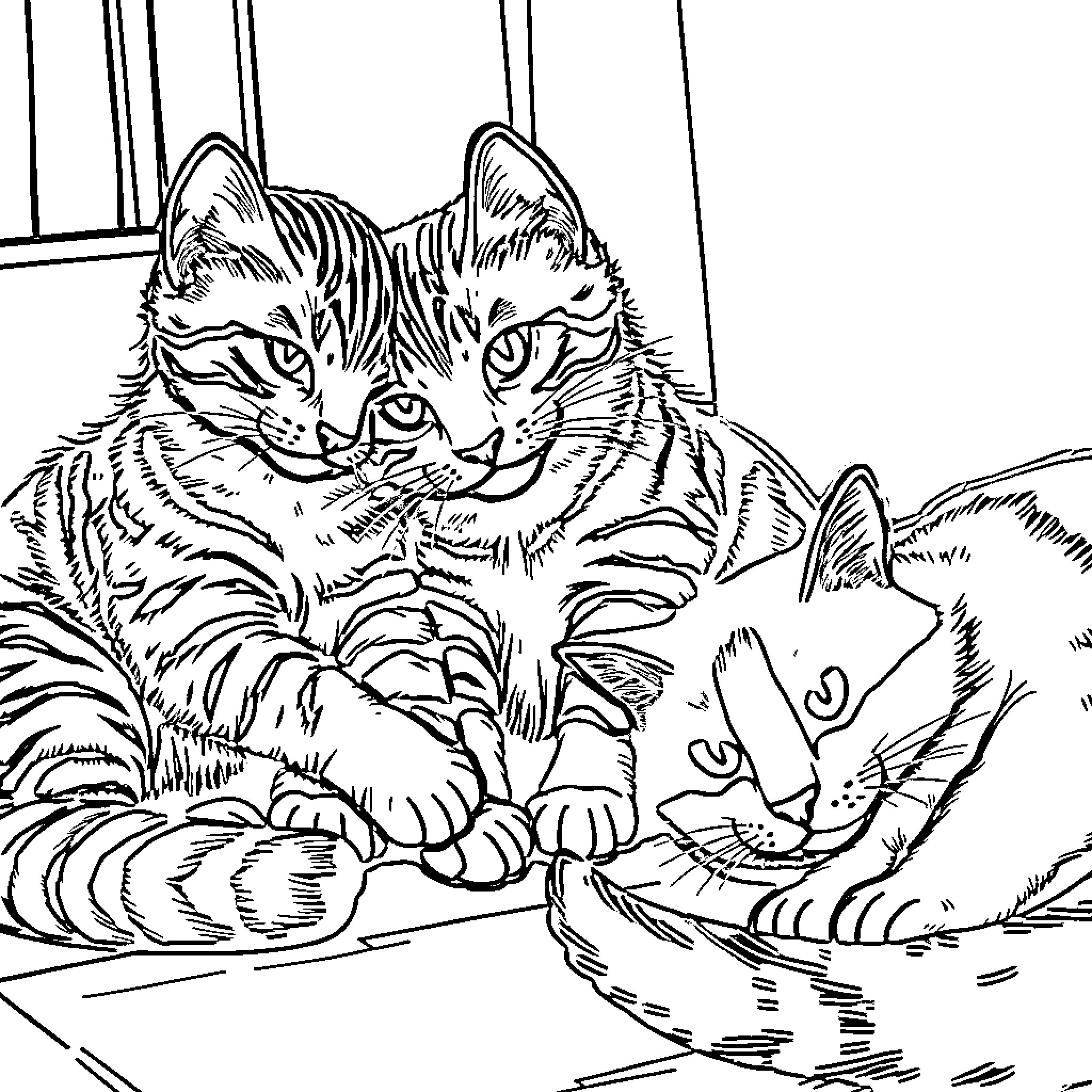 Cats lounging together in a comfortable spot Coloring Page (free black-and-white line drawing printable PDF for all, from beginners to advanced learners, including children, teens, adults, and seniors)