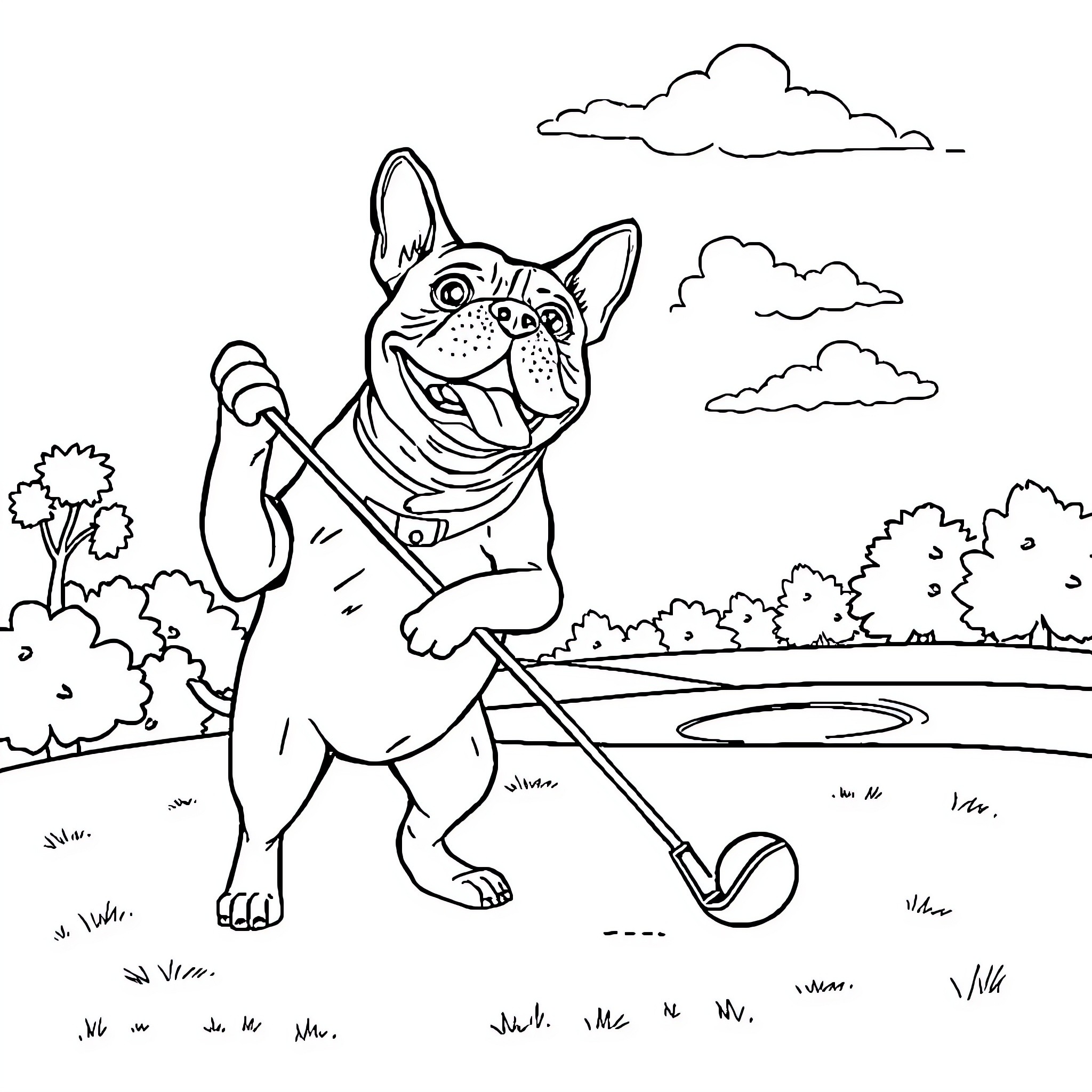 Bulldog playing golf in the park Coloring Page (free black-and-white line drawing printable PDF for all, from beginners to advanced learners, including children, teens, adults, and seniors)