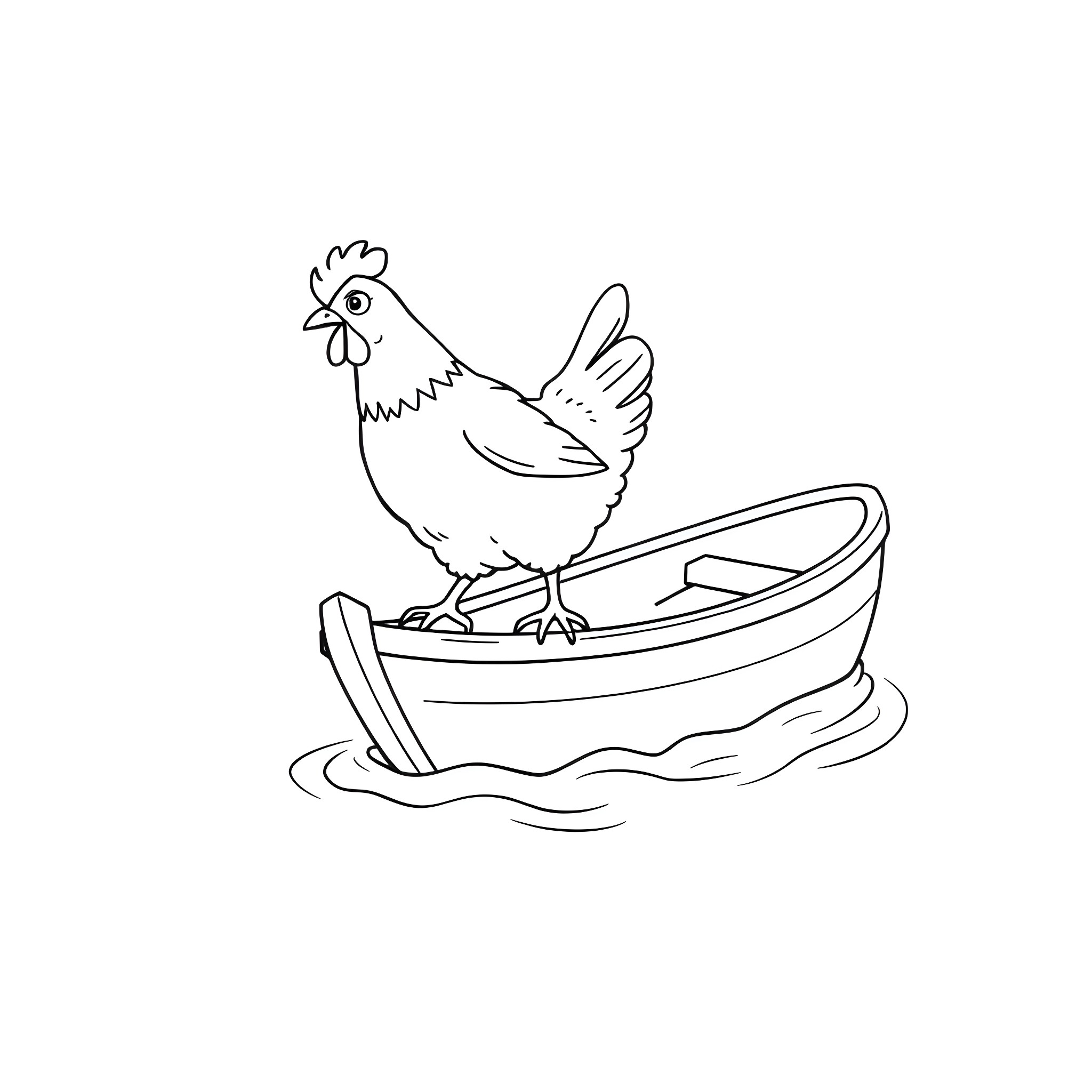 Chicken sailing in a boat Coloring Page (free black-and-white line drawing printable PDF for all, from beginners to advanced learners, including children, teens, adults, and seniors)