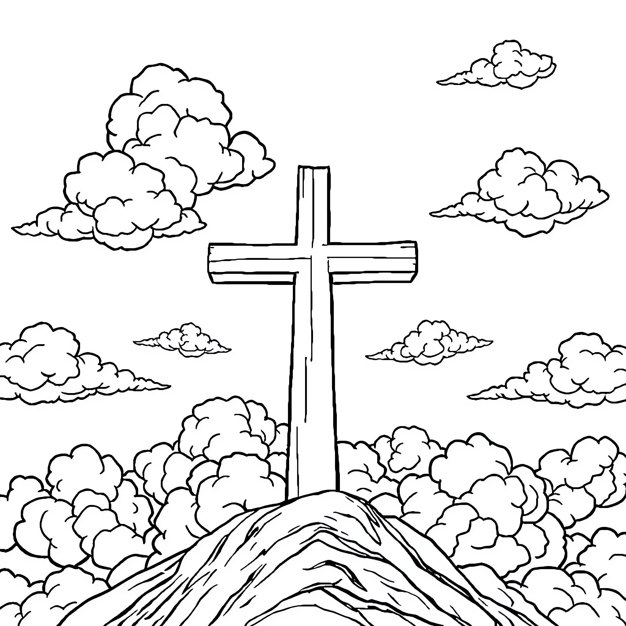 Cross on the Hill Overlooking the Clouds Coloring Page (free black-and-white line drawing printable PDF for all, from beginners to advanced learners, including children, teens, adults, and seniors)