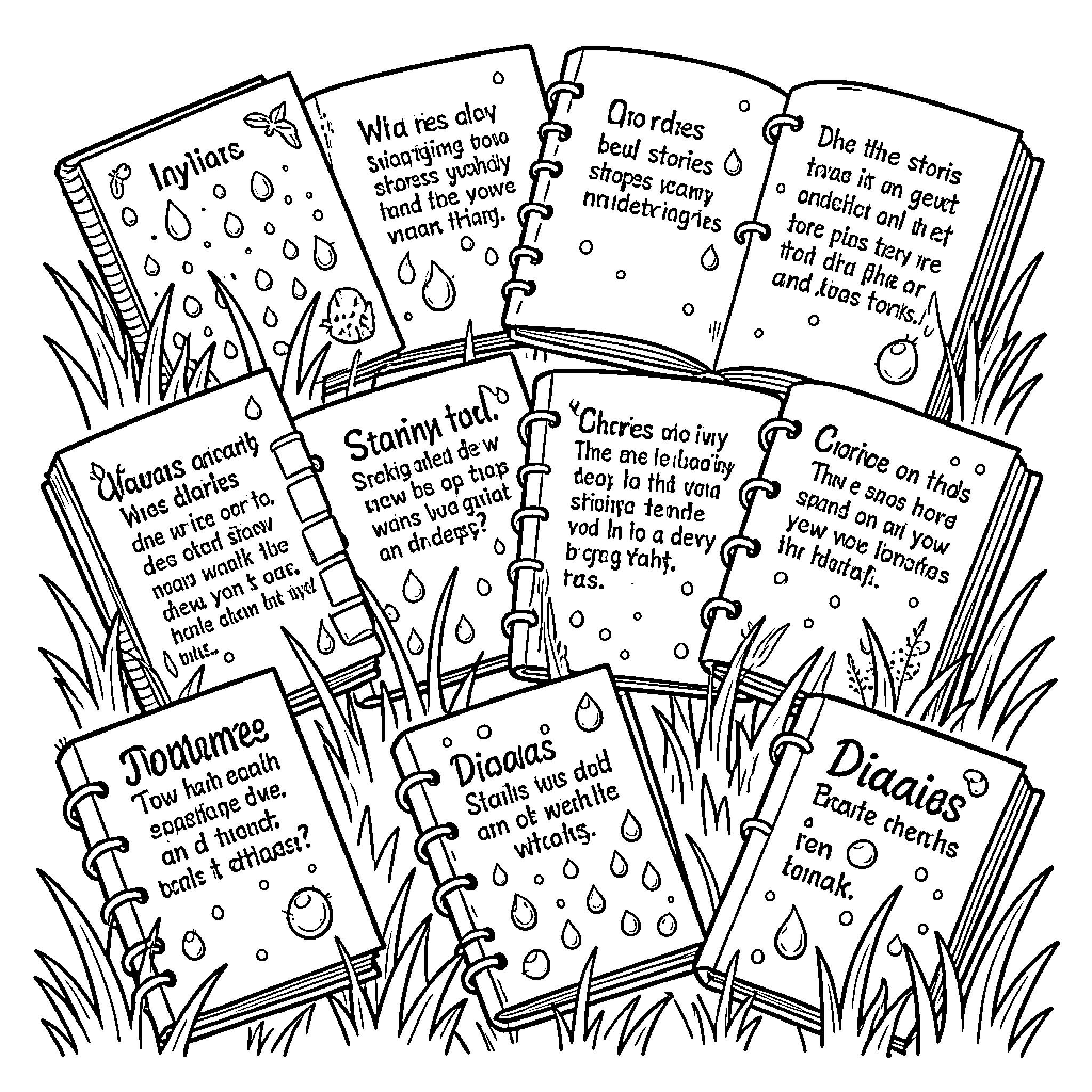 Dewdrop Discoveries in the Wilderness Coloring Page (free black-and-white line drawing printable PDF for all, from beginners to advanced learners, including children, teens, adults, and seniors)