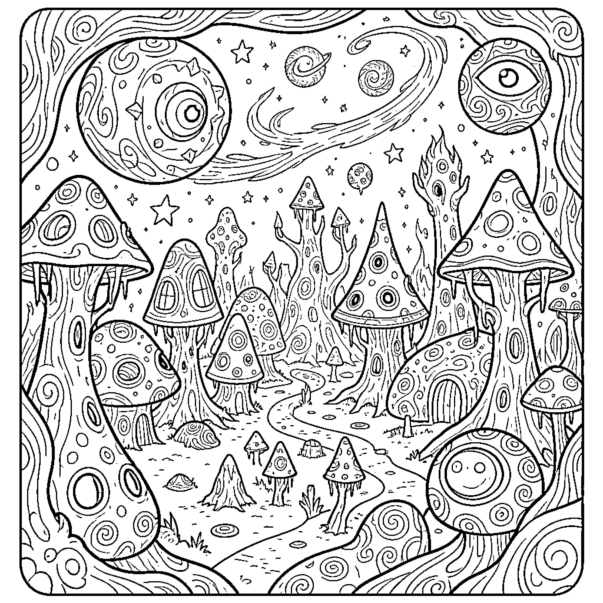 Dreamscape of giant mushrooms under a celestial sky Coloring Page (free black-and-white line drawing printable PDF for all, from beginners to advanced learners, including children, teens, adults, and seniors)