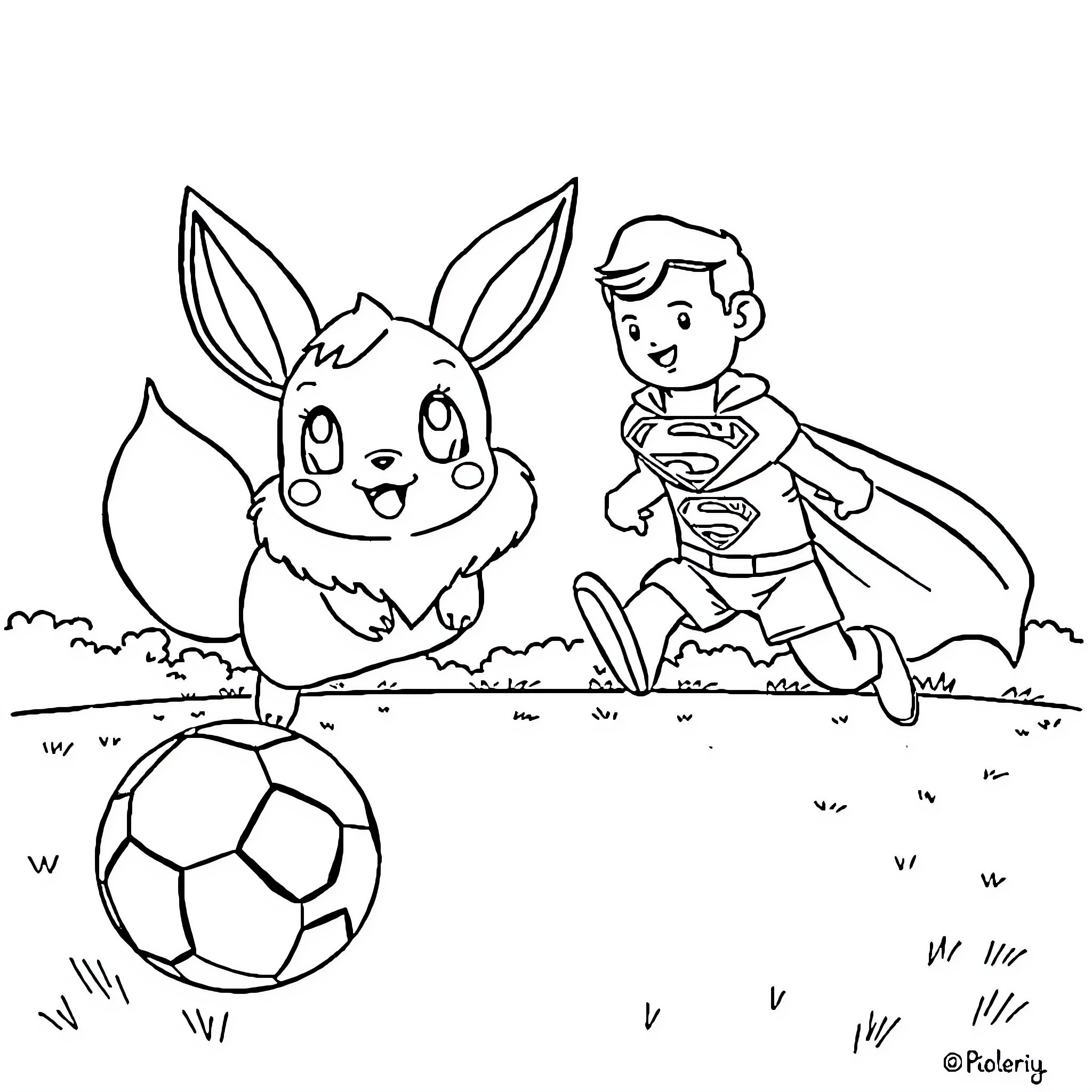 Eevee playing soccer with a superhero Coloring Page (free black-and-white line drawing printable PDF for all, from beginners to advanced learners, including children, teens, adults, and seniors)