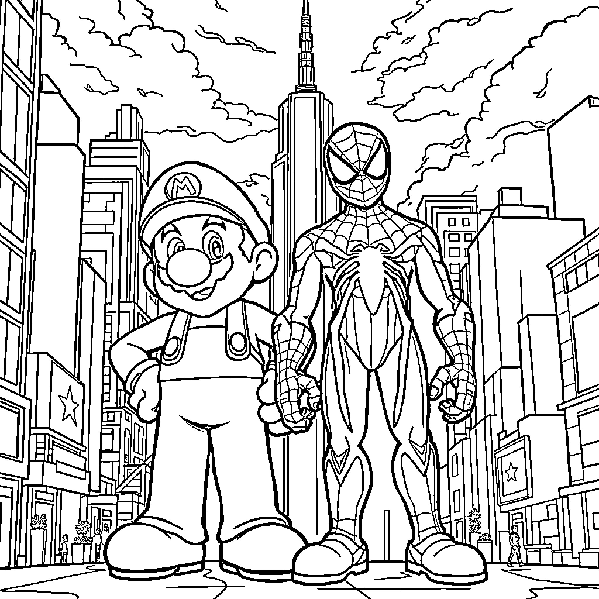 Mario and Spiderman Explore the City Coloring Page (free black-and-white line drawing printable PDF for all, from beginners to advanced learners, including children, teens, adults, and seniors)