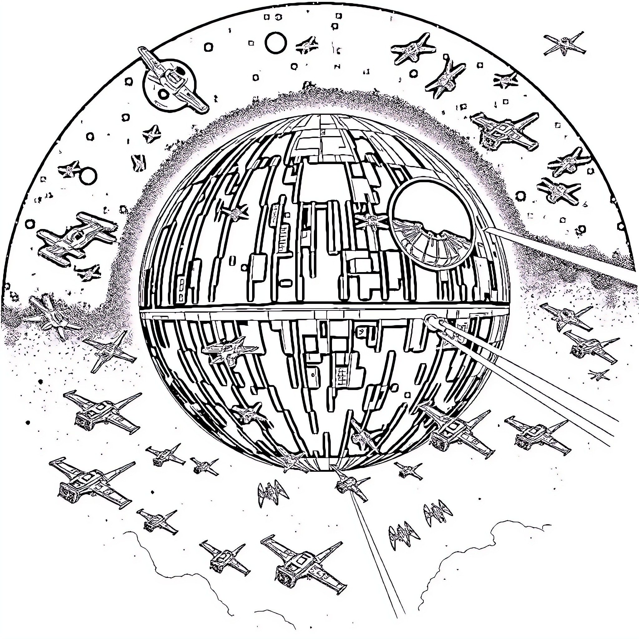 Death Star Surrounded by Starfighters in the Galaxy Coloring Page (free black-and-white line drawing printable PDF for all, from beginners to advanced learners, including children, teens, adults, and seniors)